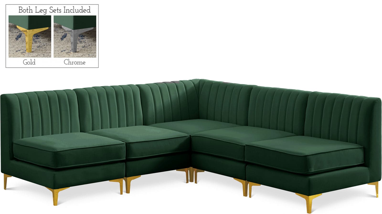 Quinn 84.5" Green Velvet Upholstered Sectional, 5-Piece — Vista 1 (1/3)