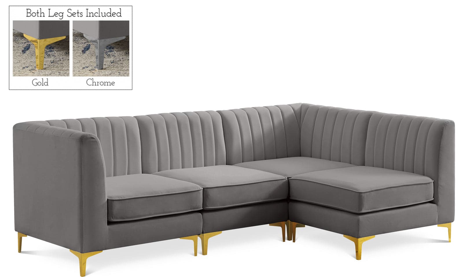 Quinn 91" Grey Velvet Upholstered Sectional, 4-Piece — View 1 (1/3)