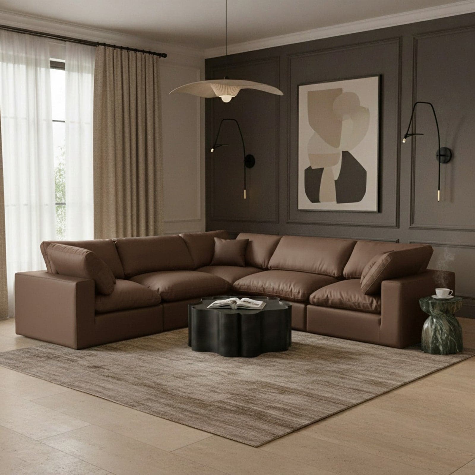 Farrah 119" Brown Vegan Leather Upholstered Sectional, 5-Piece — View 1 (1/3)