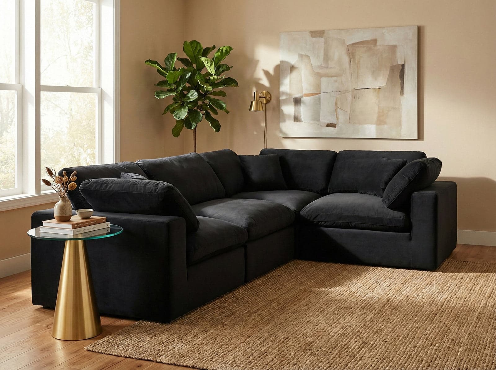 Farrah 119" Black Velvet Upholstered Sectional, 4-Piece (Style 3) — View 1 (1/3)