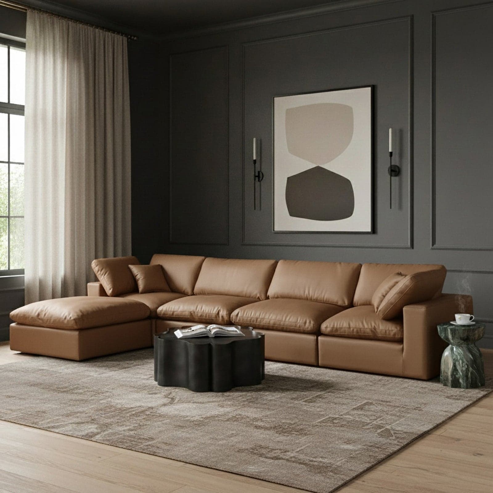 Farrah 158" Cognac Vegan Leather Upholstered Sectional, 5-Piece — View 1 (1/3)