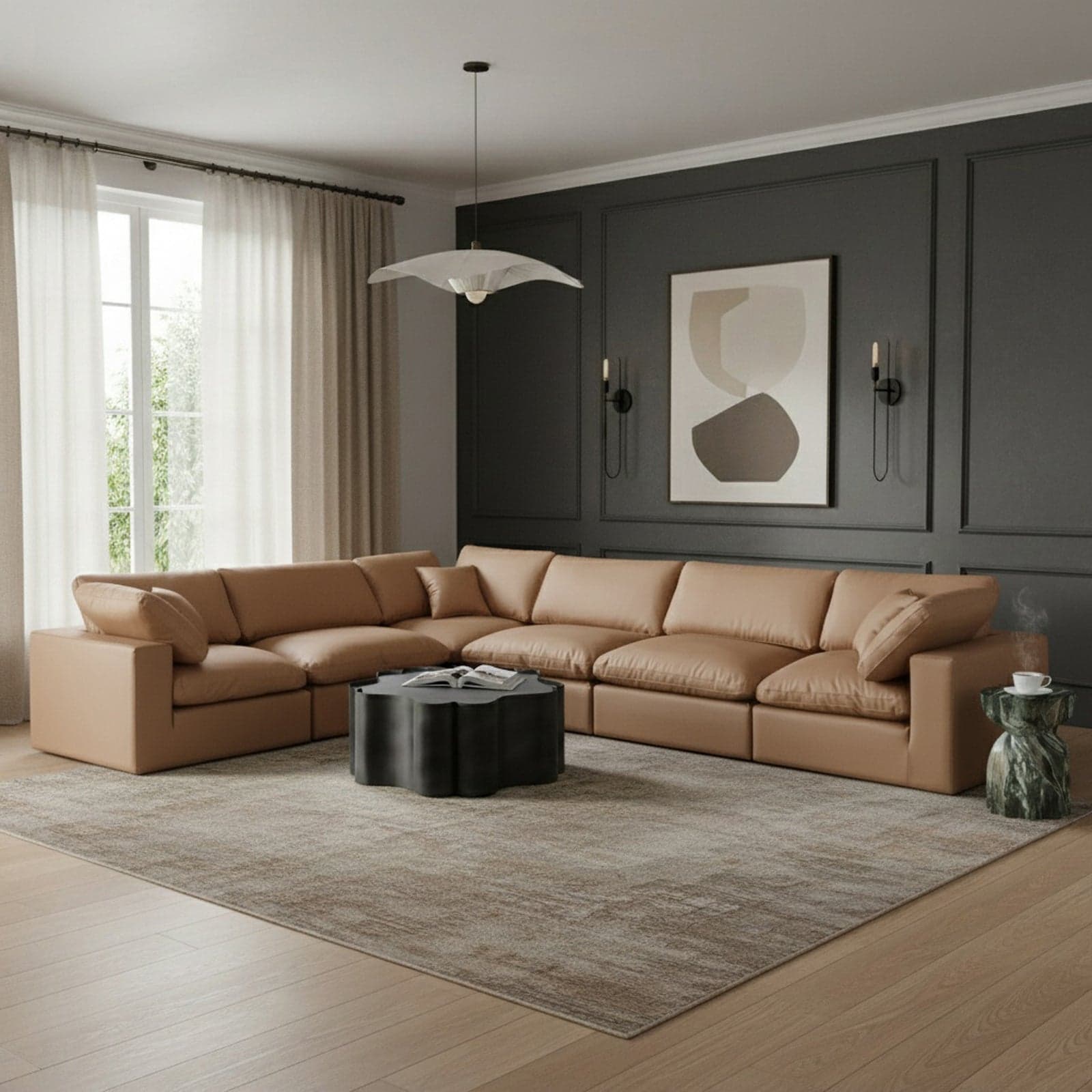 Farrah 158" Cognac Vegan Leather Upholstered Sectional, 6-Piece — Vista 1 (1/3)