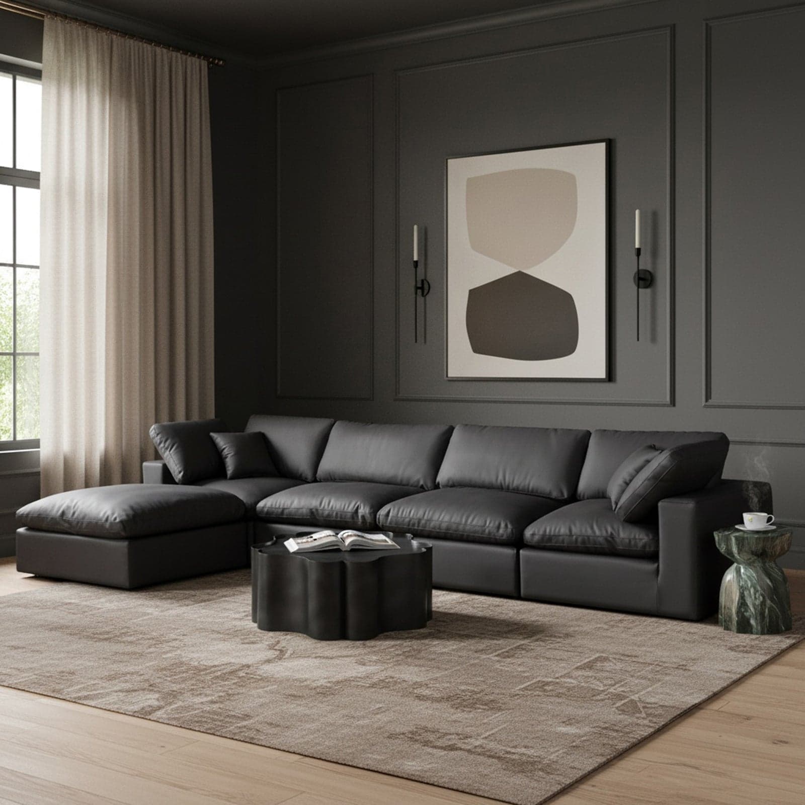Farrah 158" Black Vegan Leather Upholstered Sectional, 5-Piece — View 1 (1/3)