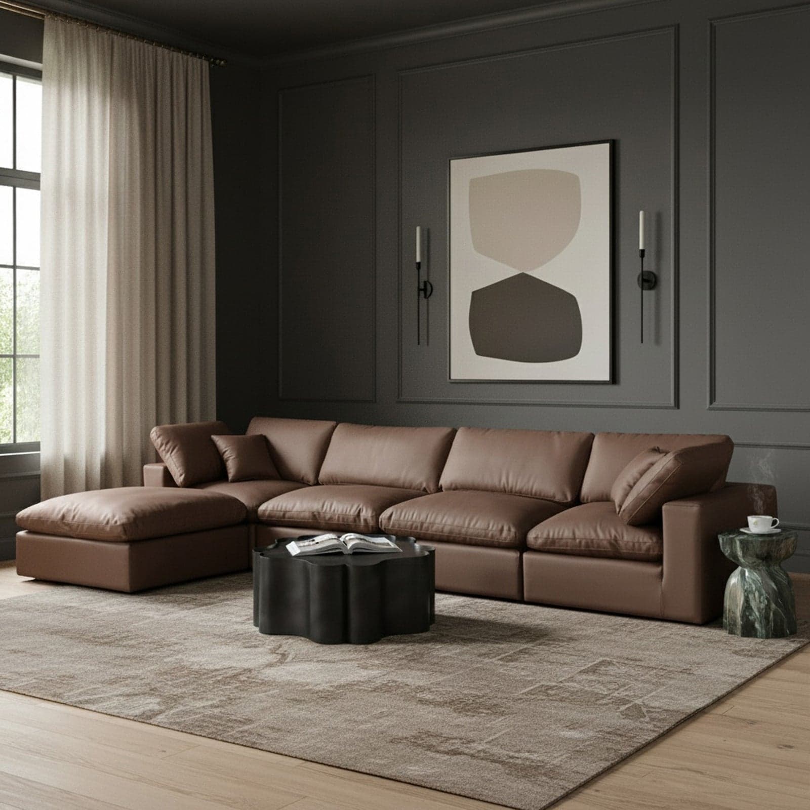 Farrah 158" Brown Vegan Leather Upholstered Sectional, 5-Piece — Vista 1 (1/3)