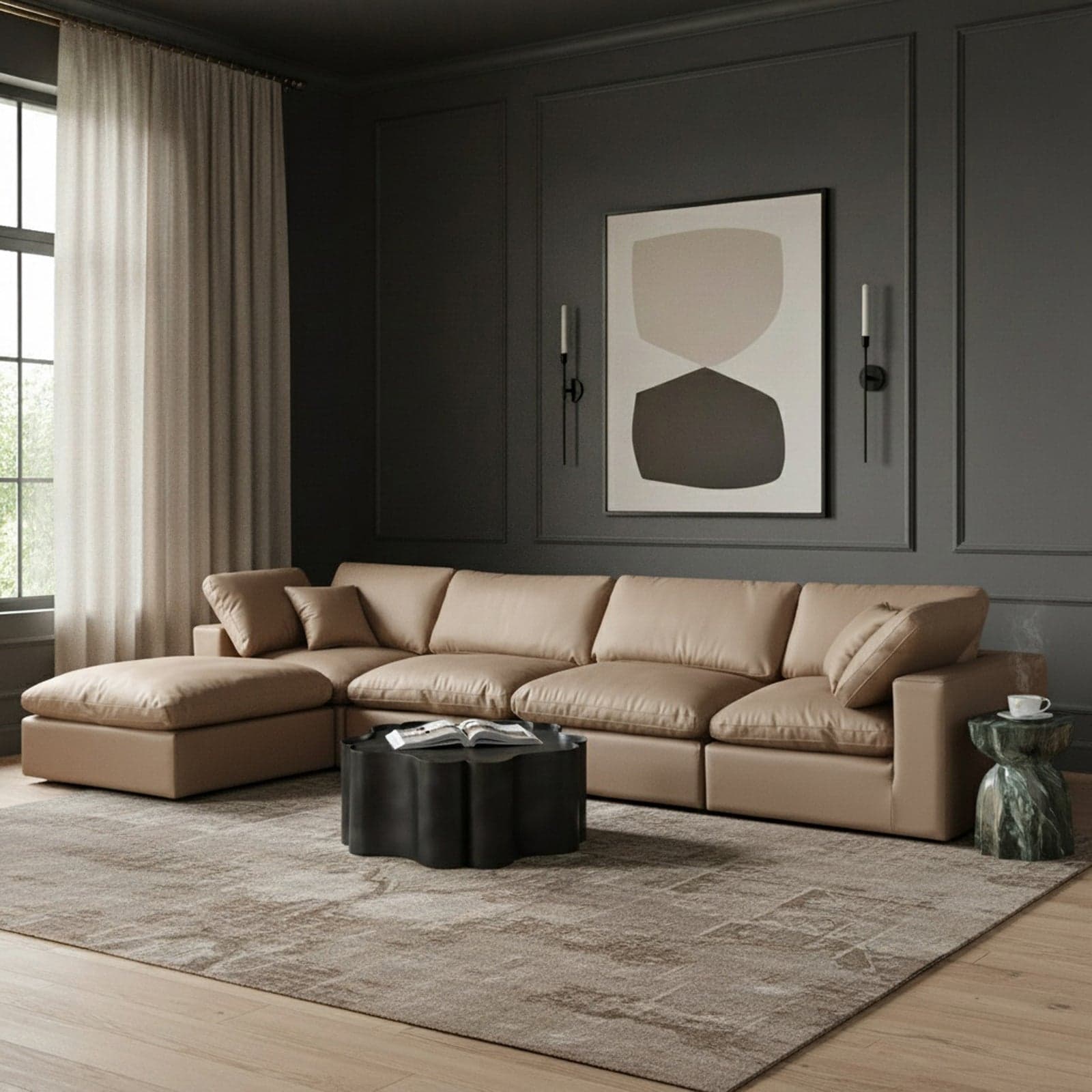 Farrah 158" Tan Vegan Leather Upholstered Sectional, 5-Piece — Vista 1 (1/3)