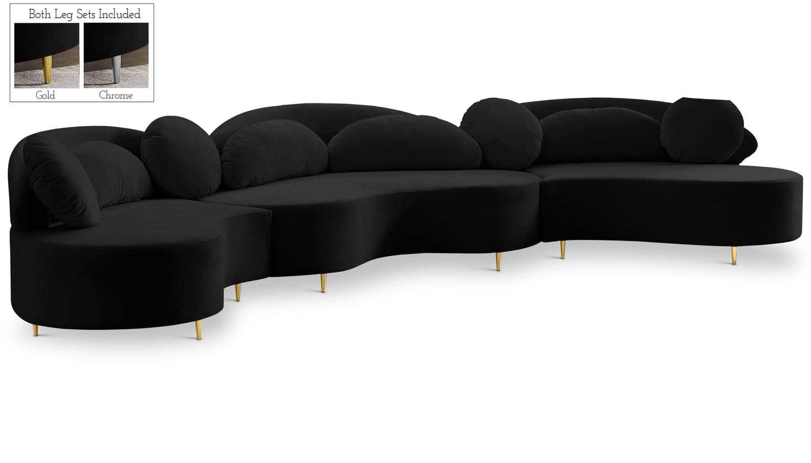 Selene 169" Black Velvet Upholstered Sectional, 3-Piece — Vista 1 (1/3)