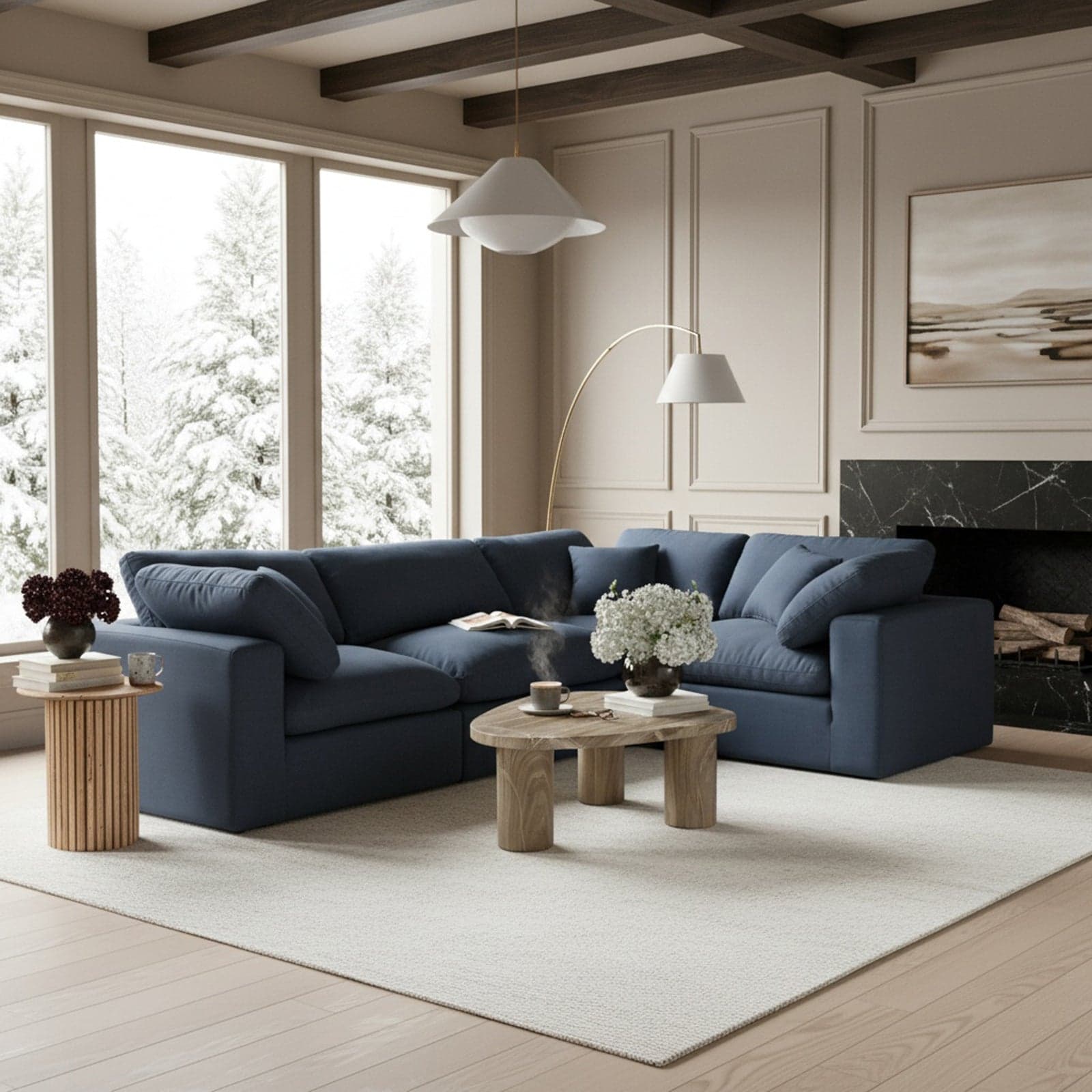Farrah 119" Navy Linen Textured Fabric Upholstered Sectional, 4-Piece (Style 3) — View 1 (1/3)