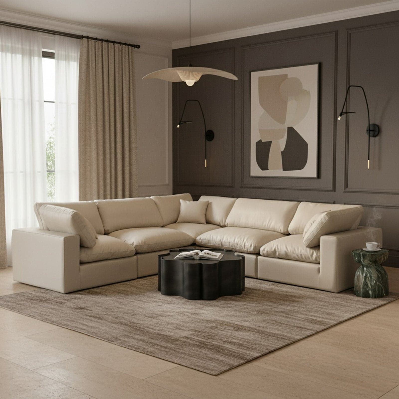 Farrah 119" Cream Vegan Leather Upholstered Sectional, 5-Piece — View 1 (1/3)