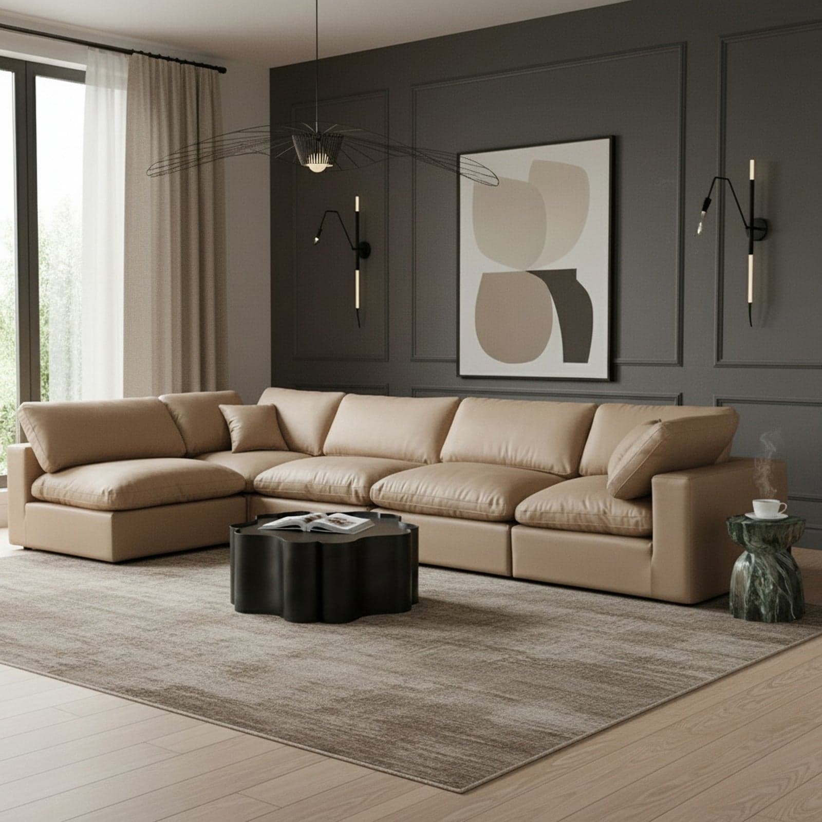 Farrah 158" Tan Vegan Leather Upholstered Sectional, 5-Piece (Style 2) — View 1 (1/3)