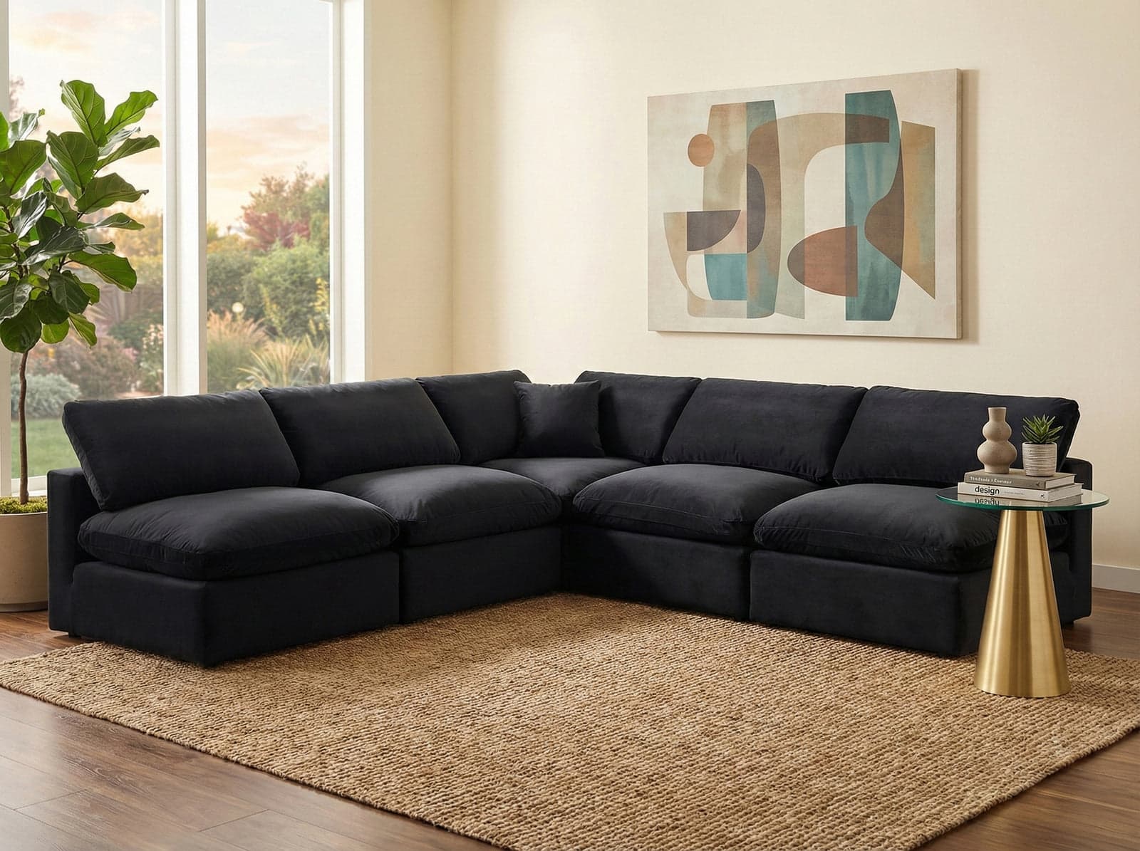 Farrah 118" Black Velvet Upholstered Sectional, 5-Piece — View 1 (1/3)