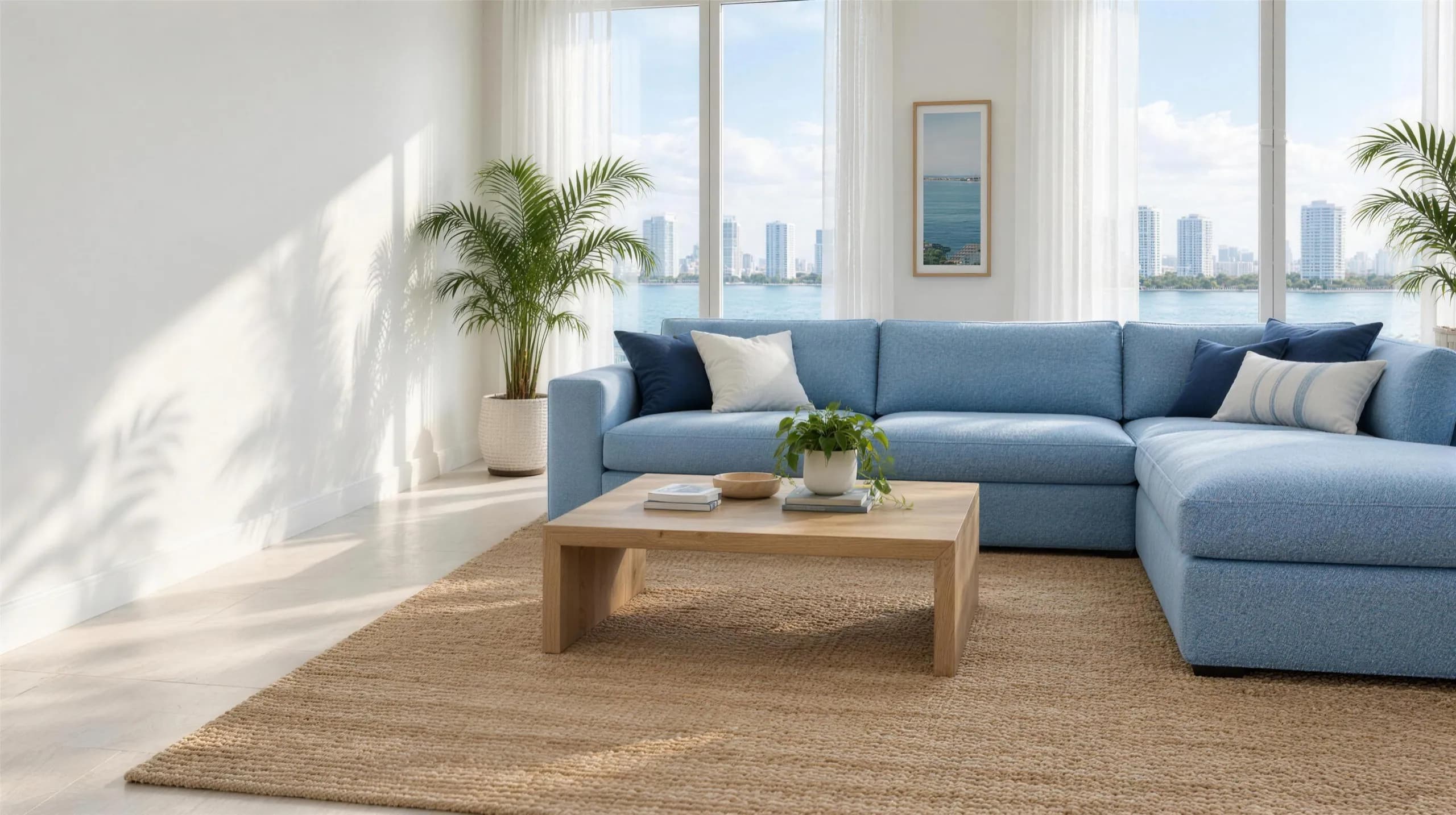 Bright Miami living room with a light blue sectional sofa, a wooden coffee table, and a jute rug