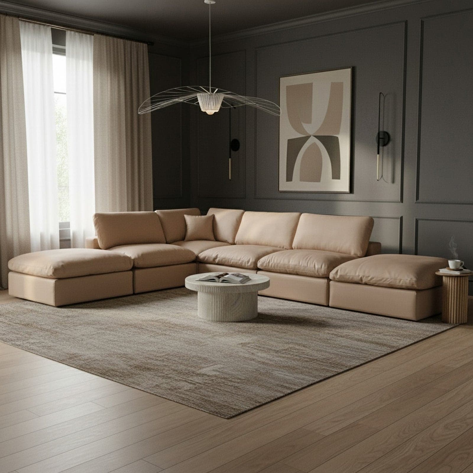 Farrah 157" Tan Vegan Leather Upholstered Sectional, 6-Piece — Vista 1 (1/3)