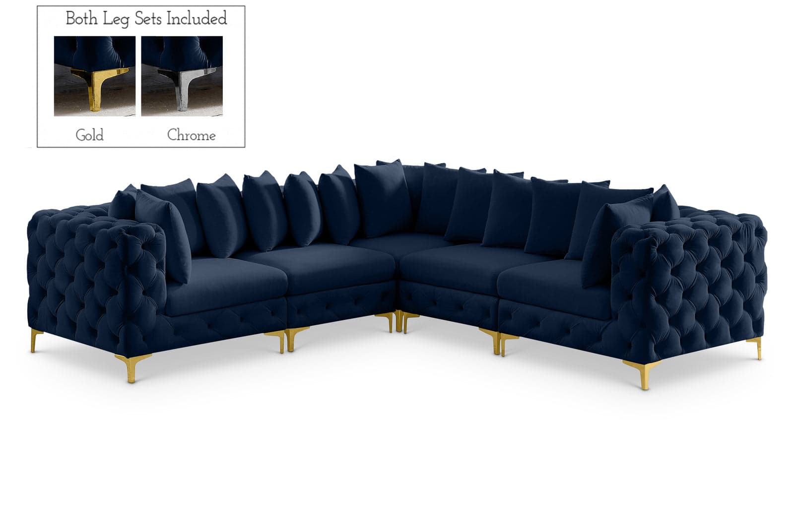 Monroe 109" Navy Velvet Upholstered Sectional, 5-Piece — View 1 (1/3)