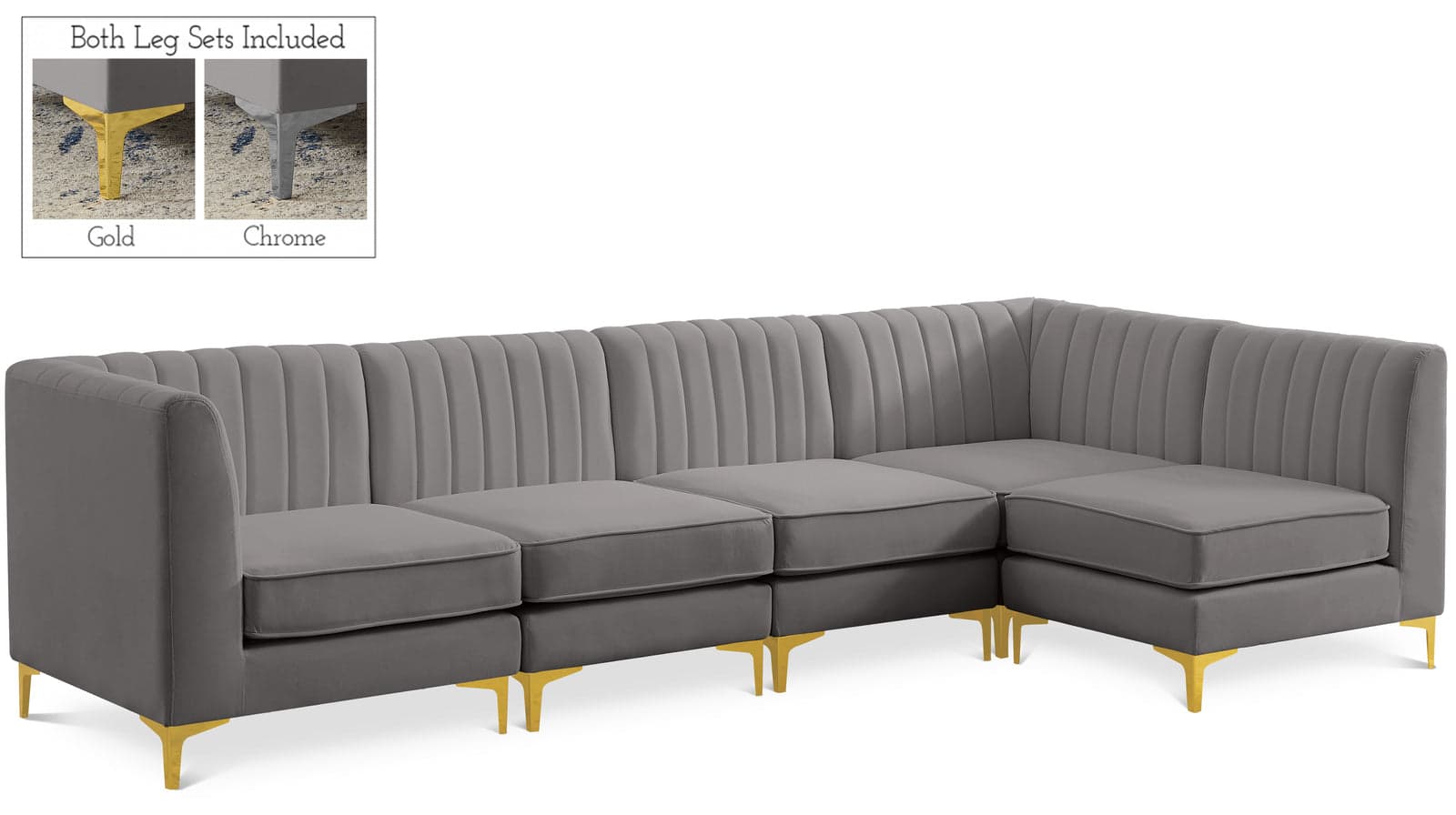 Quinn 116.5" Grey Velvet Upholstered Sectional, 5-Piece — View 1 (1/3)