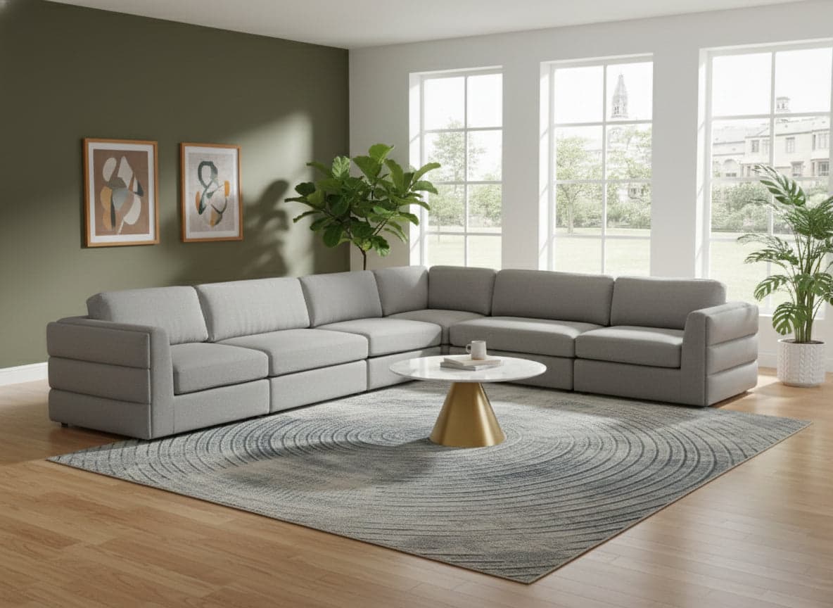 Celeste 152" Grey Linen Textured Fabric Upholstered Sectional, 6-Piece (Style 3) — View 1 (1/3)