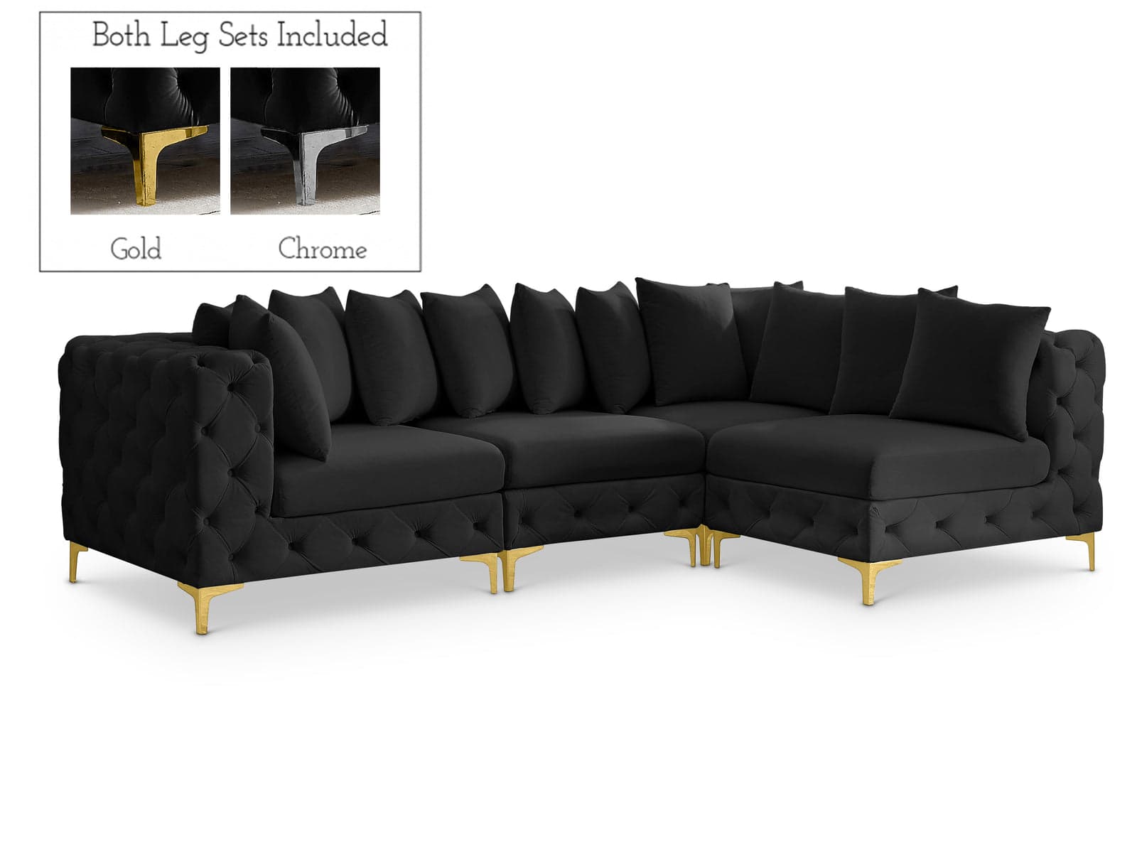 Monroe 109" Black Velvet Upholstered Sectional, 4-Piece — Vista 1 (1/3)