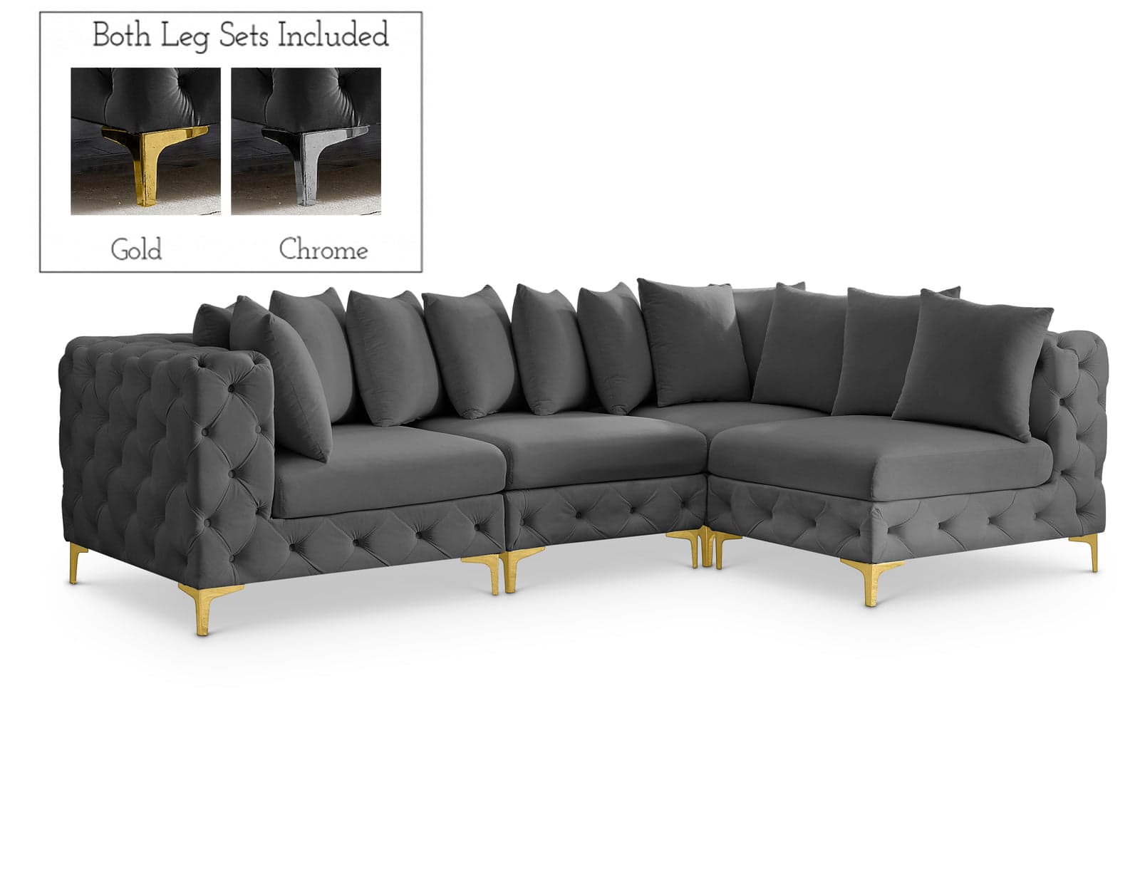 Monroe 109" Grey Velvet Upholstered Sectional, 4-Piece — Vista 1 (1/3)