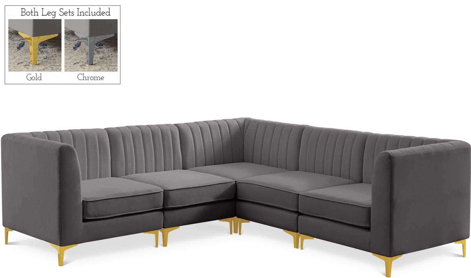 Quinn 91" Grey Velvet Upholstered Sectional, 5-Piece — View 1 (1/3)