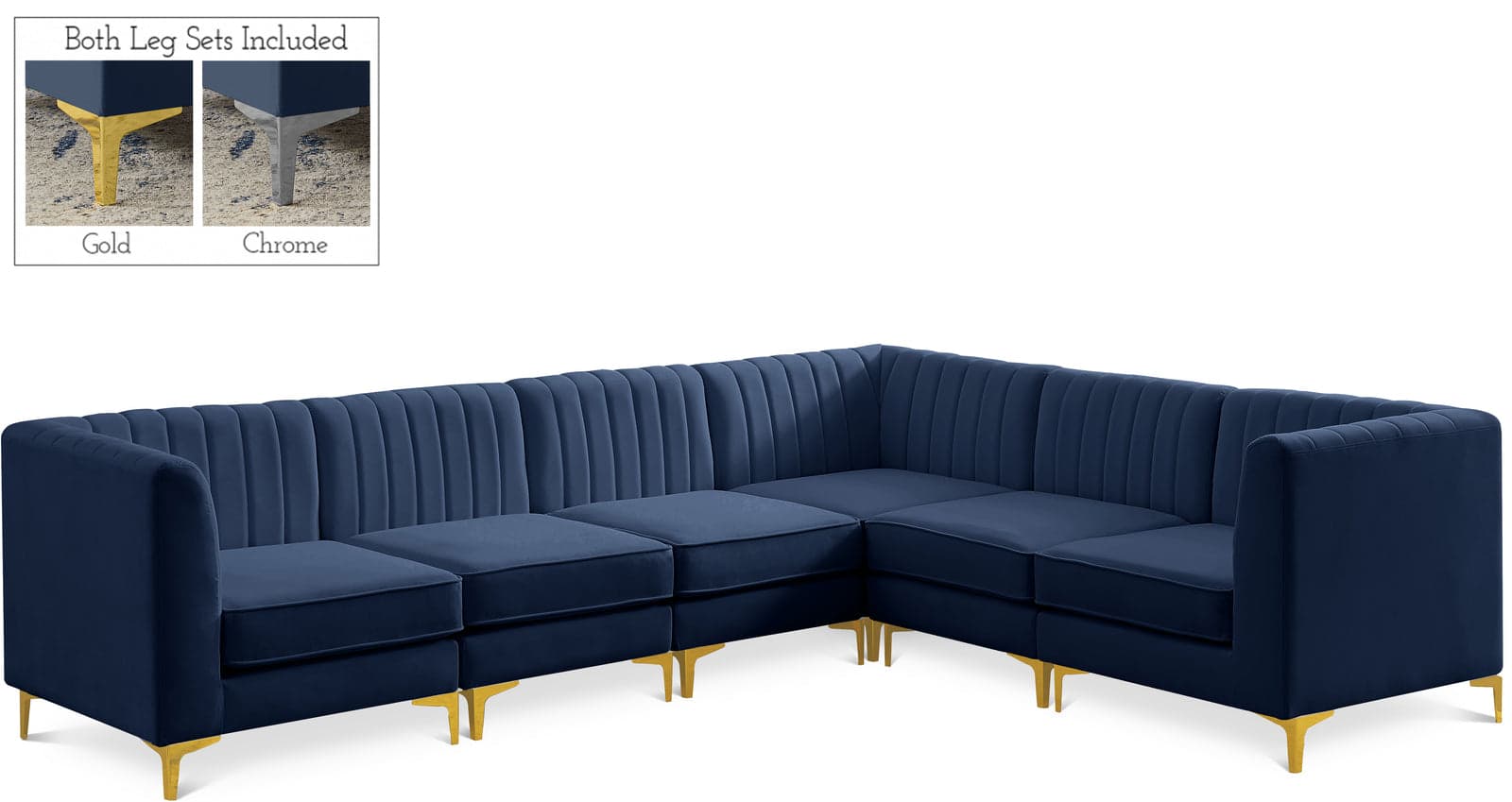 Quinn 116.5" Navy Velvet Upholstered Sectional, 6-Piece — Vista 1 (1/3)