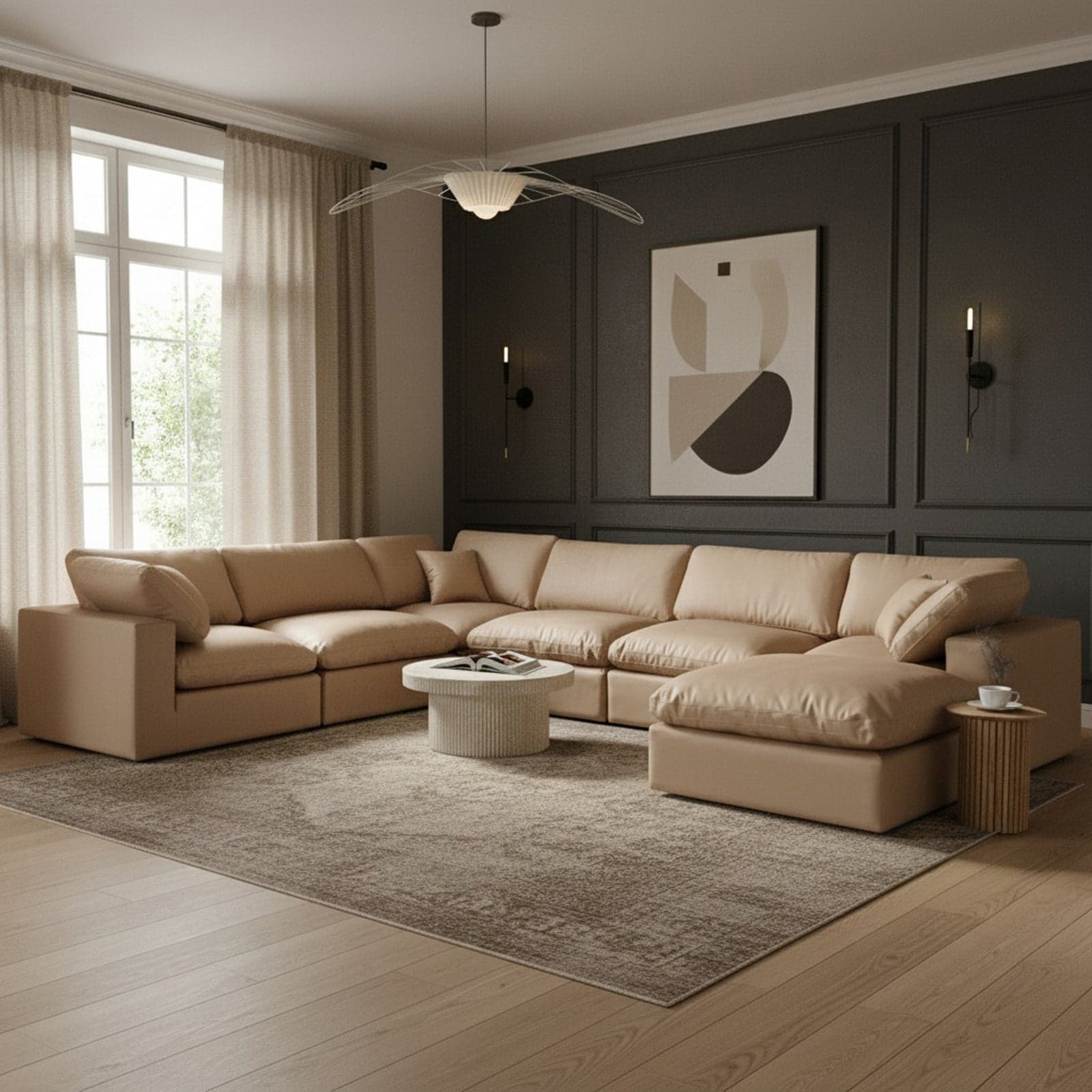 Farrah 158" Tan Vegan Leather Upholstered Sectional, 7-Piece — Vista 1 (1/3)