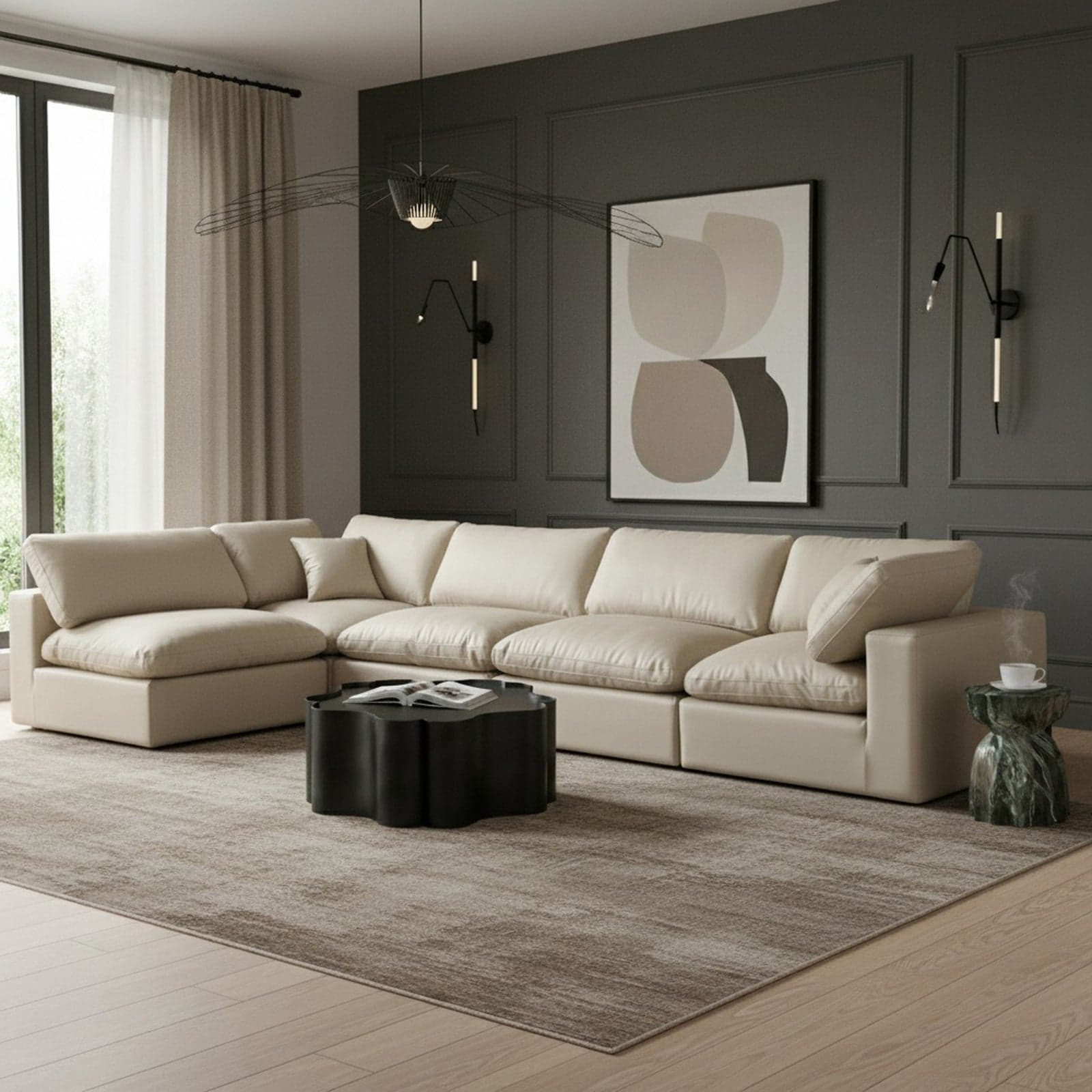 Farrah 158" Cream Vegan Leather Upholstered Sectional, 5-Piece (Style 2) — Vista 1 (1/3)