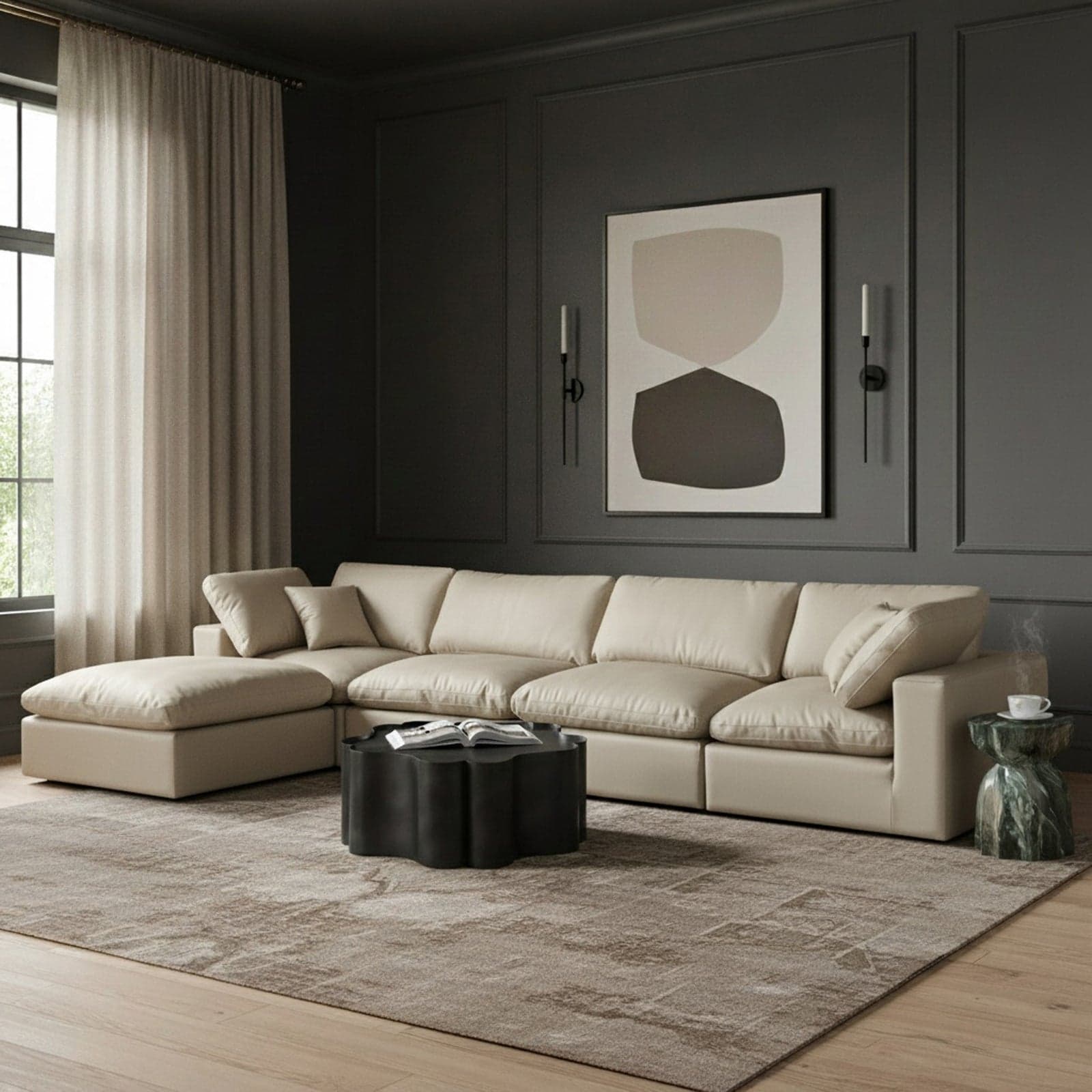 Farrah 158" Cream Vegan Leather Upholstered Sectional, 5-Piece — Vista 1 (1/3)
