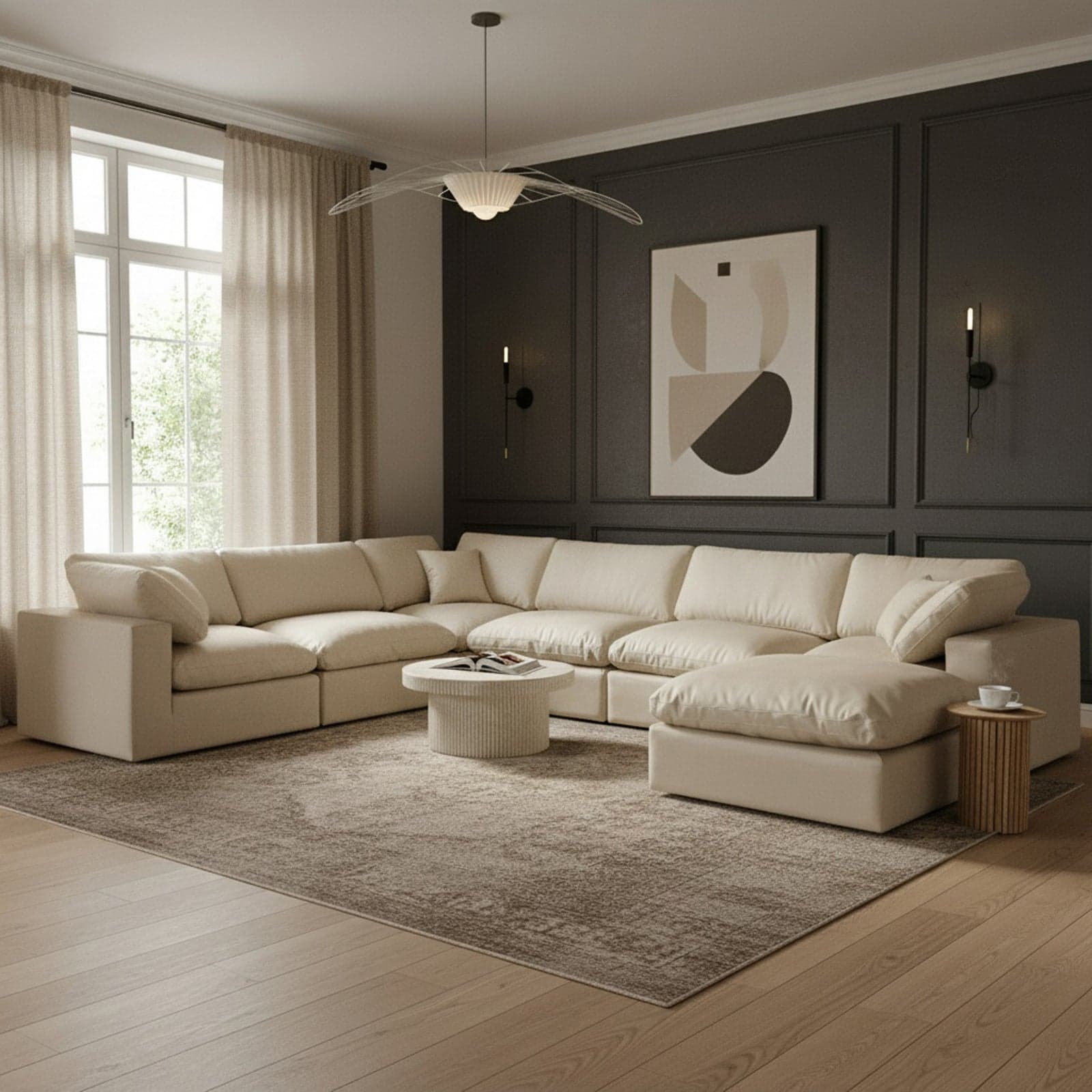 Farrah 158" Cream Vegan Leather Upholstered Sectional, 7-Piece — Vista 1 (1/3)