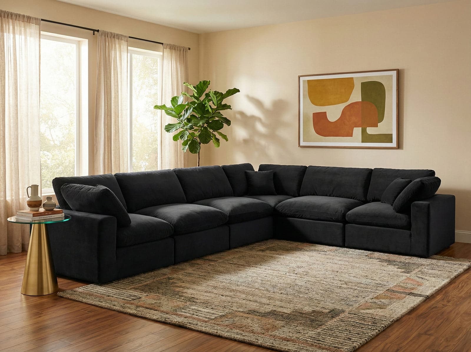 Farrah 158" Black Velvet Upholstered Sectional, 6-Piece — Vista 1 (1/3)