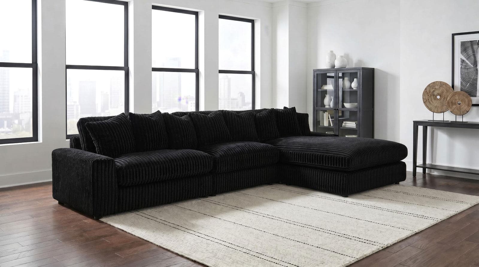 Ruth 3-Piece Corduroy Reversible Chaise Sectional Sofa Black — Vista 1 (1/3)