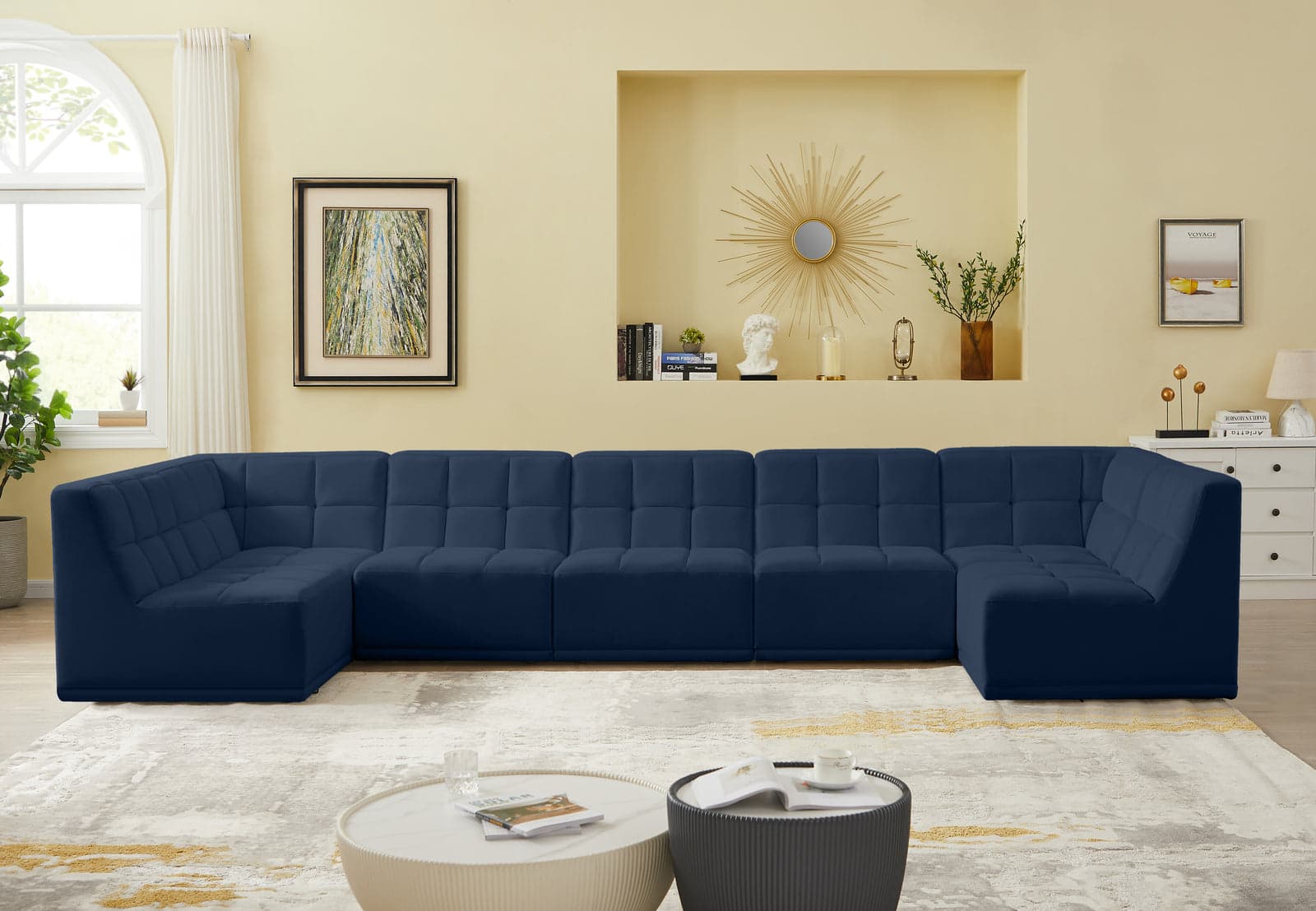 Jolie 158" Navy Velvet Upholstered Sectional, 7-Piece — Vista 1 (1/3)
