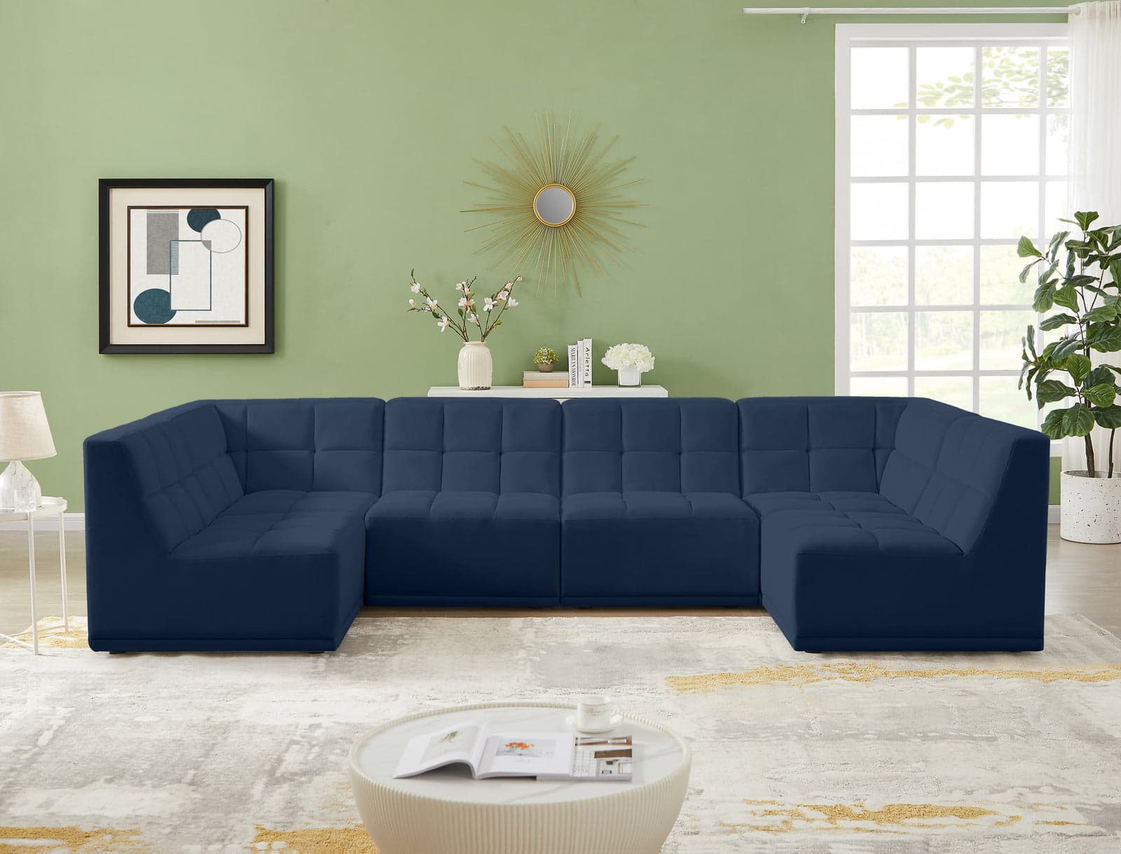 Jolie 128" Navy Velvet Upholstered Sectional, 6-Piece (Style 2) — Vista 1 (1/3)