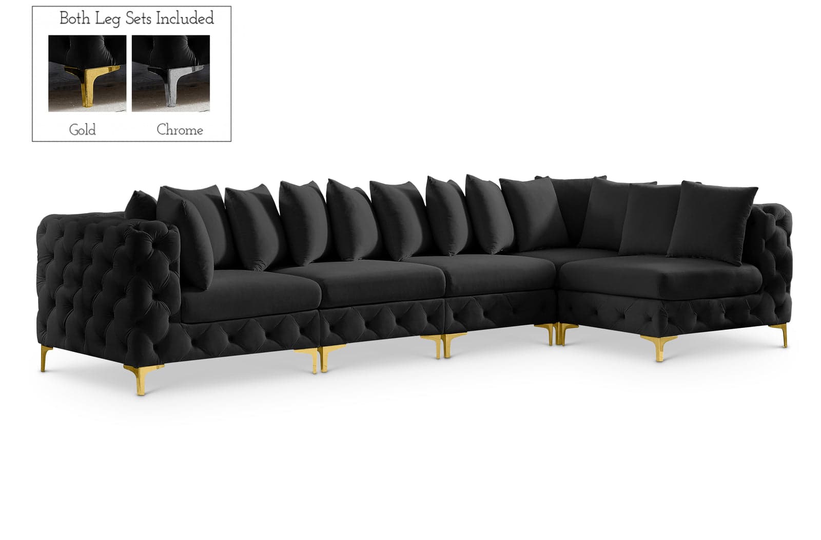 Monroe 139" Black Velvet Upholstered Sectional, 5-Piece — Vista 1 (1/3)