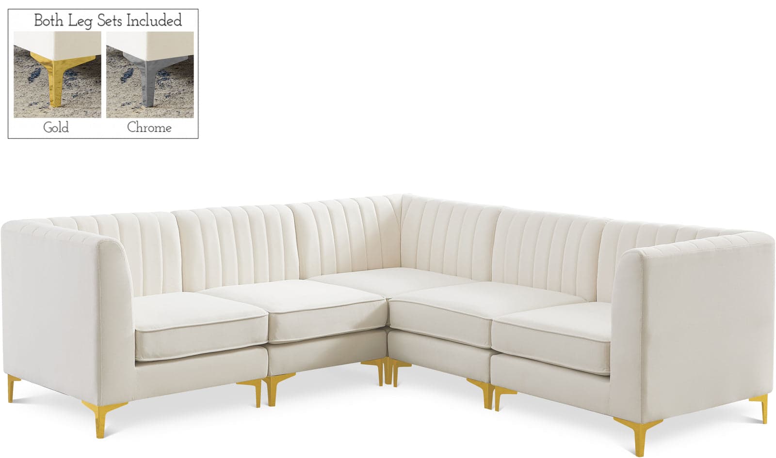 Quinn 91" Cream Velvet Upholstered Sectional, 5-Piece — Vista 1 (1/3)