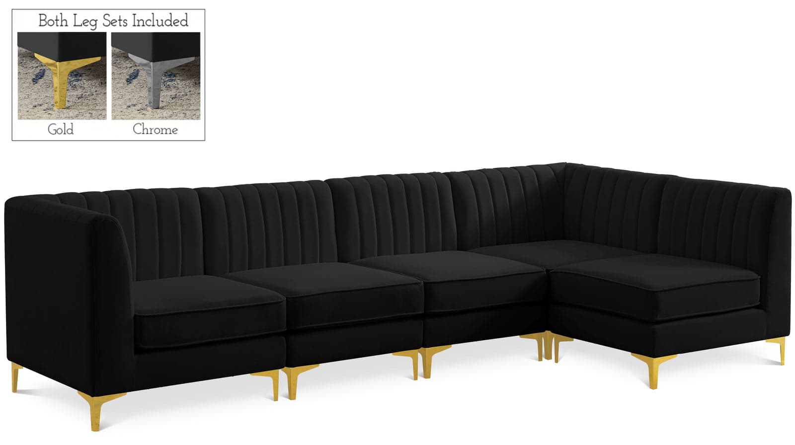 Quinn 116.5" Black Velvet Upholstered Sectional, 5-Piece — View 1 (1/3)