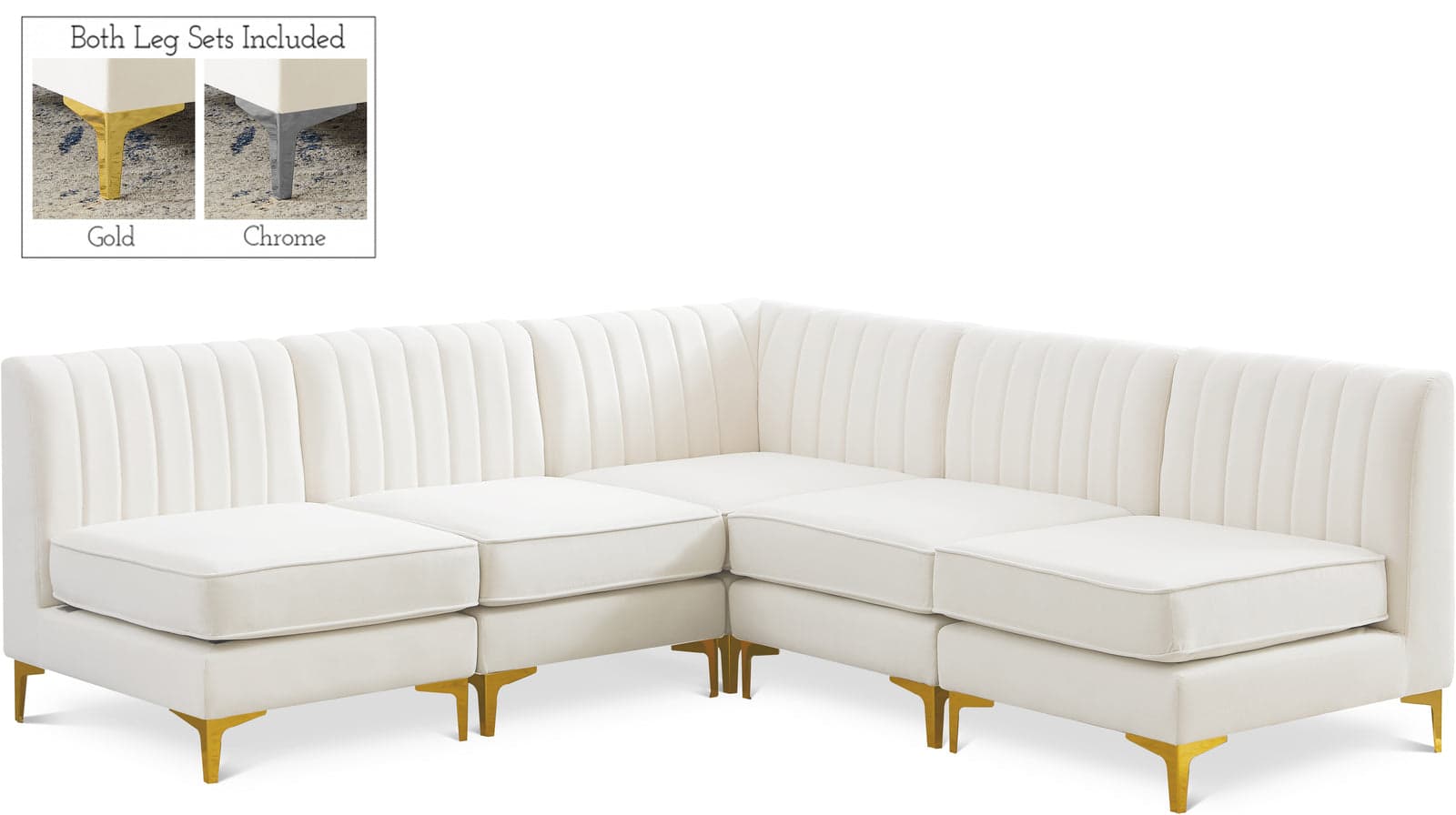 Quinn 84.5" Cream Velvet Upholstered Sectional, 5-Piece — Vista 1 (1/3)