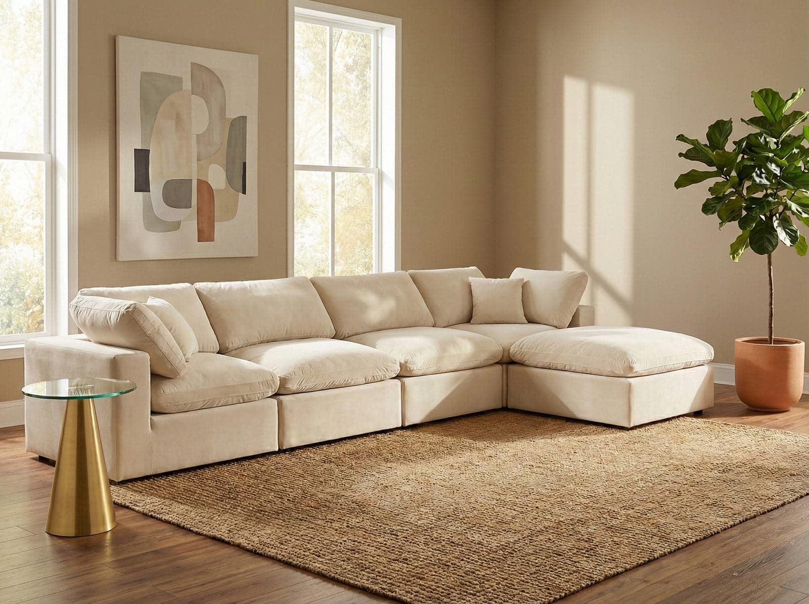 Farrah 158" Cream Velvet Upholstered Sectional, 5-Piece — View 1 (1/3)