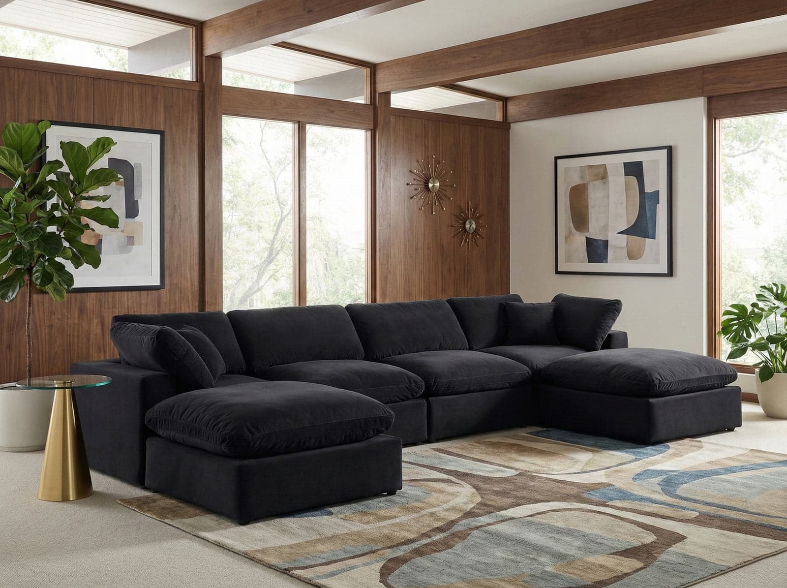 Farrah 158" Black Velvet Upholstered Sectional, 6-Piece (Style 2) — Vista 1 (1/3)