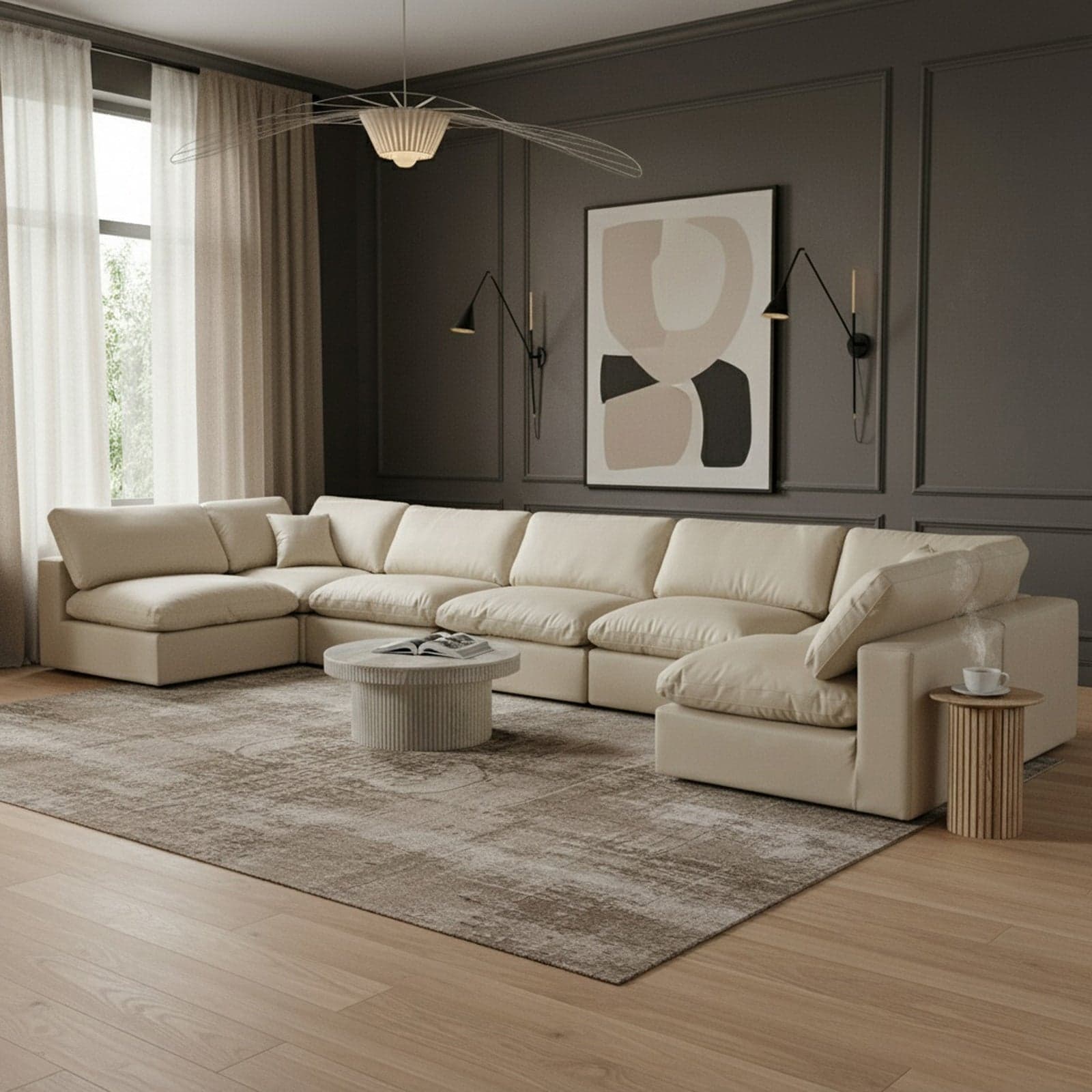 Farrah 197" Cream Vegan Leather Upholstered Sectional, 7-Piece — Vista 1 (1/3)