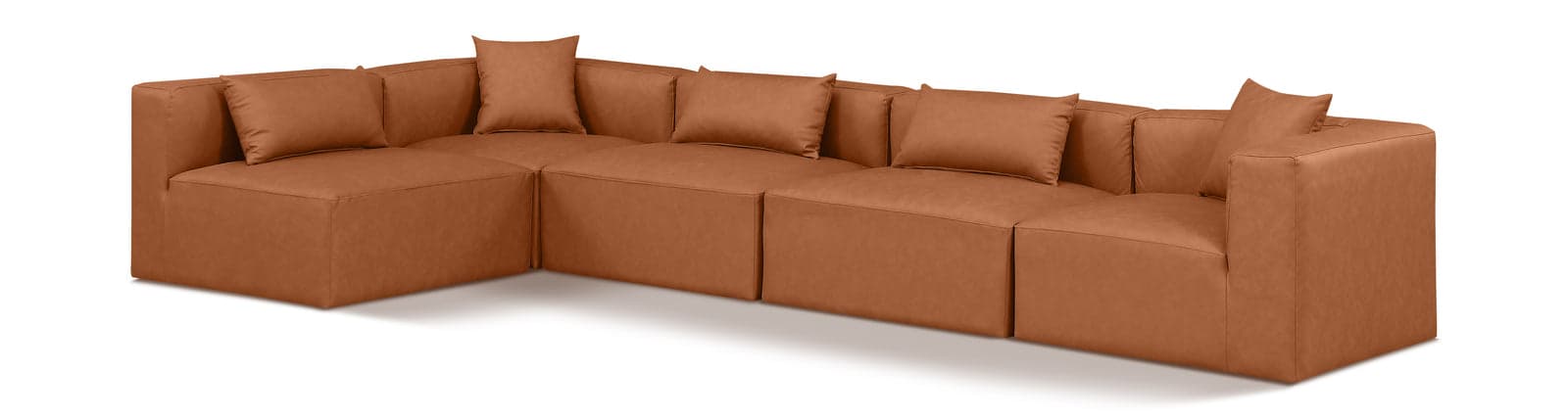 Farrah 144" Cognac Vegan Leather Upholstered Sectional, 5-Piece (Style 2) — Vista 1 (1/3)