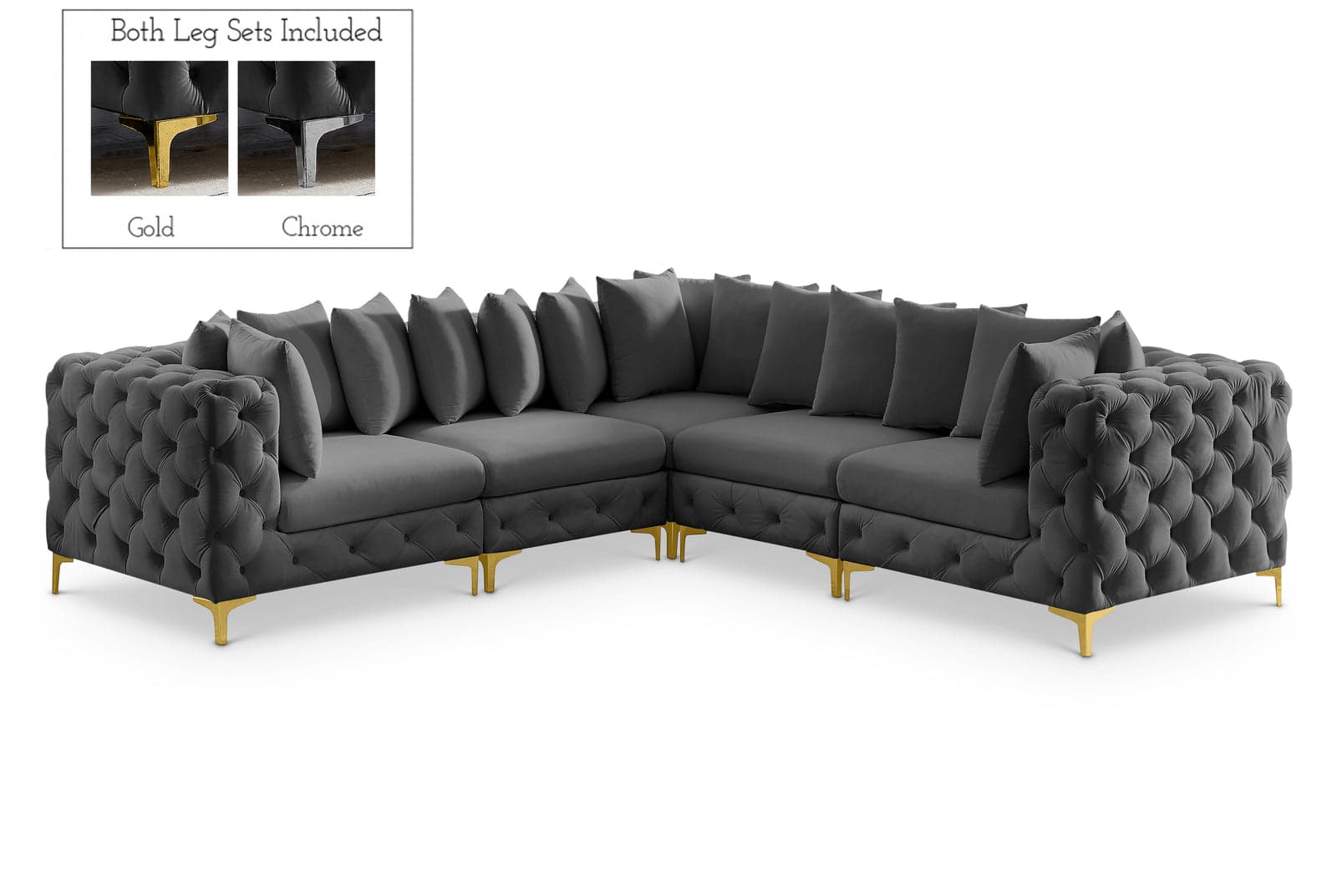 Monroe 109" Grey Velvet Upholstered Sectional, 5-Piece — View 1 (1/3)