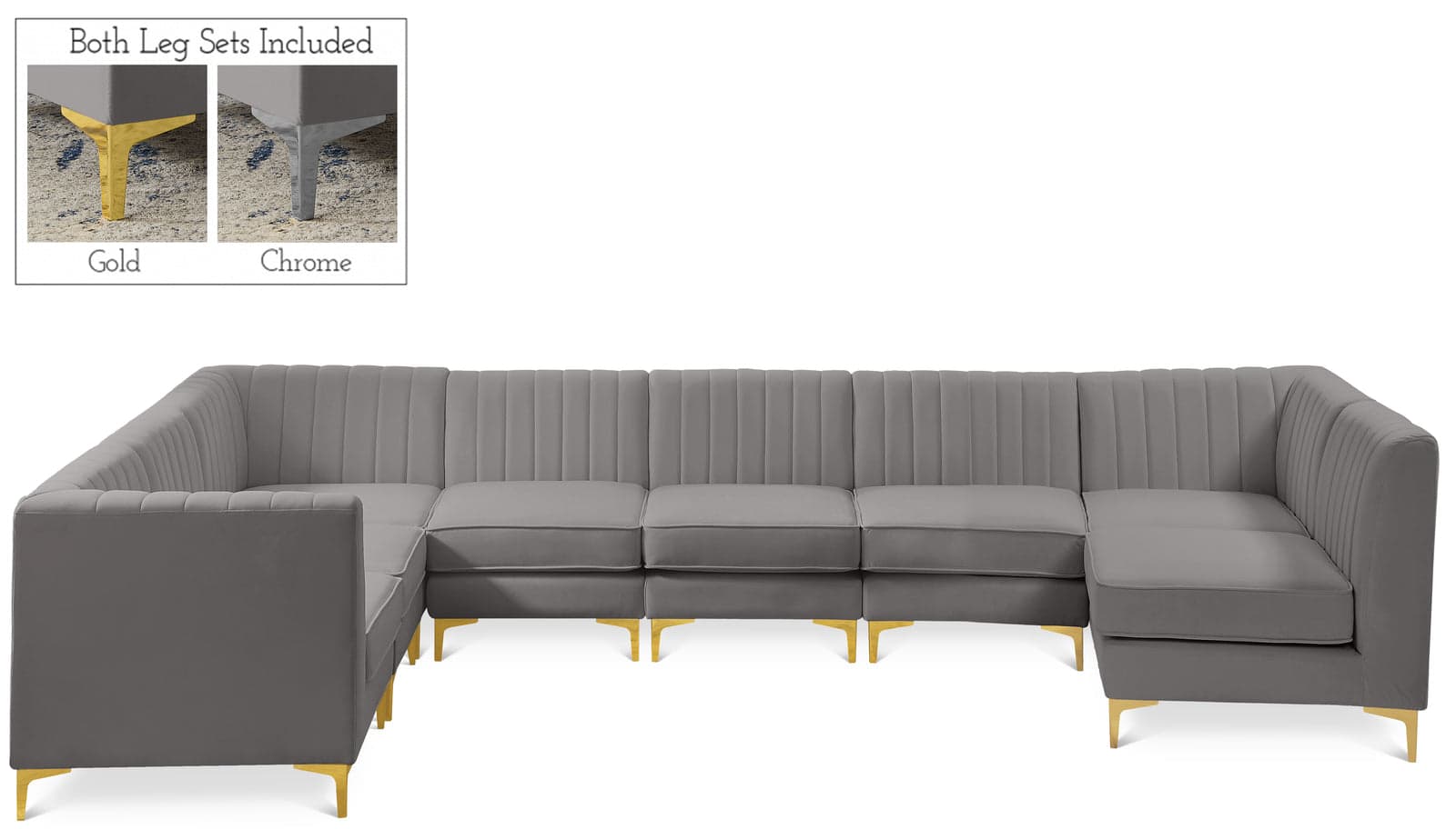 Quinn 142" Grey Velvet Upholstered Sectional, 8-Piece — Vista 1 (1/3)