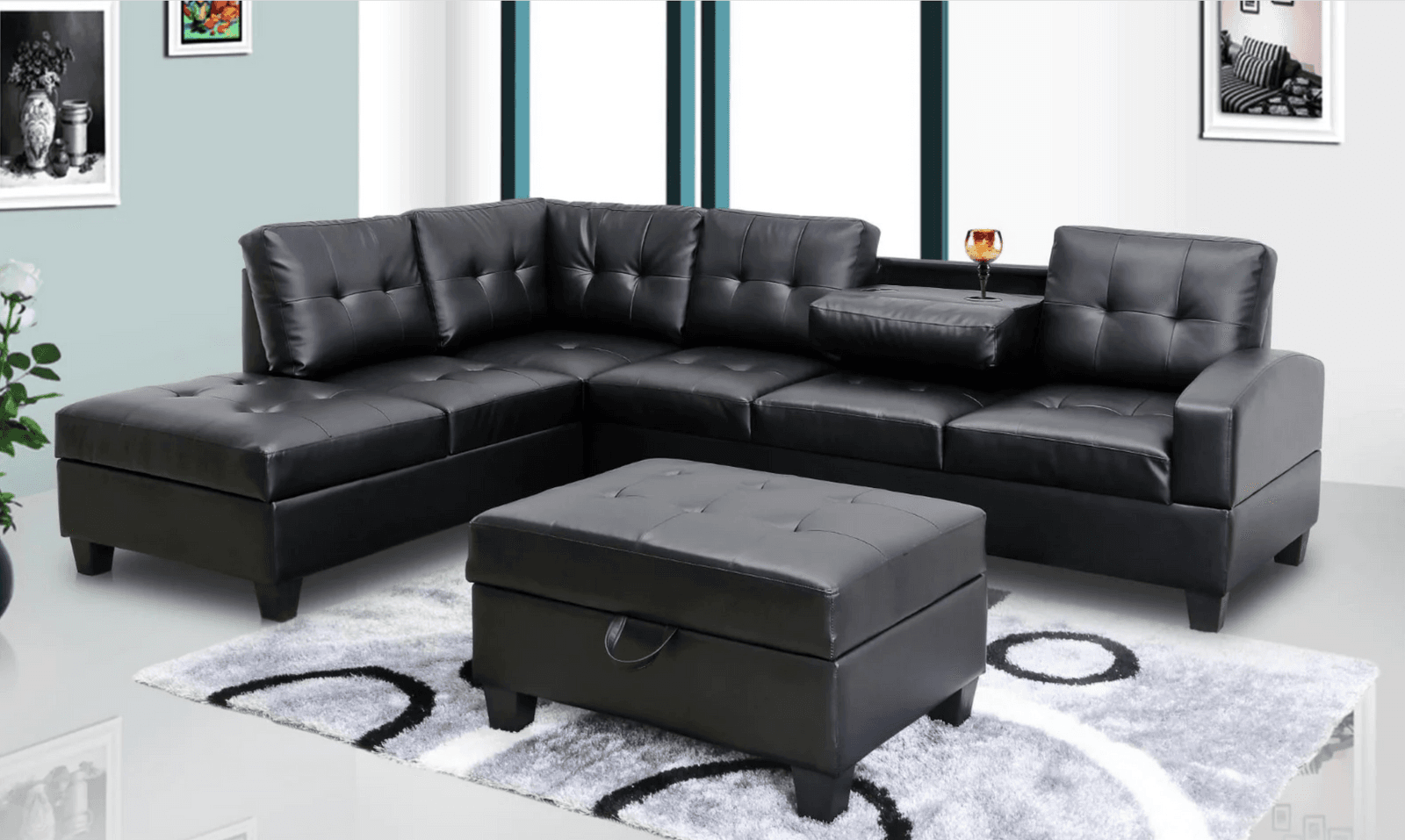 Timothy Sectional with Free Storage Ottoman in BLACK — View 1 (1/1)