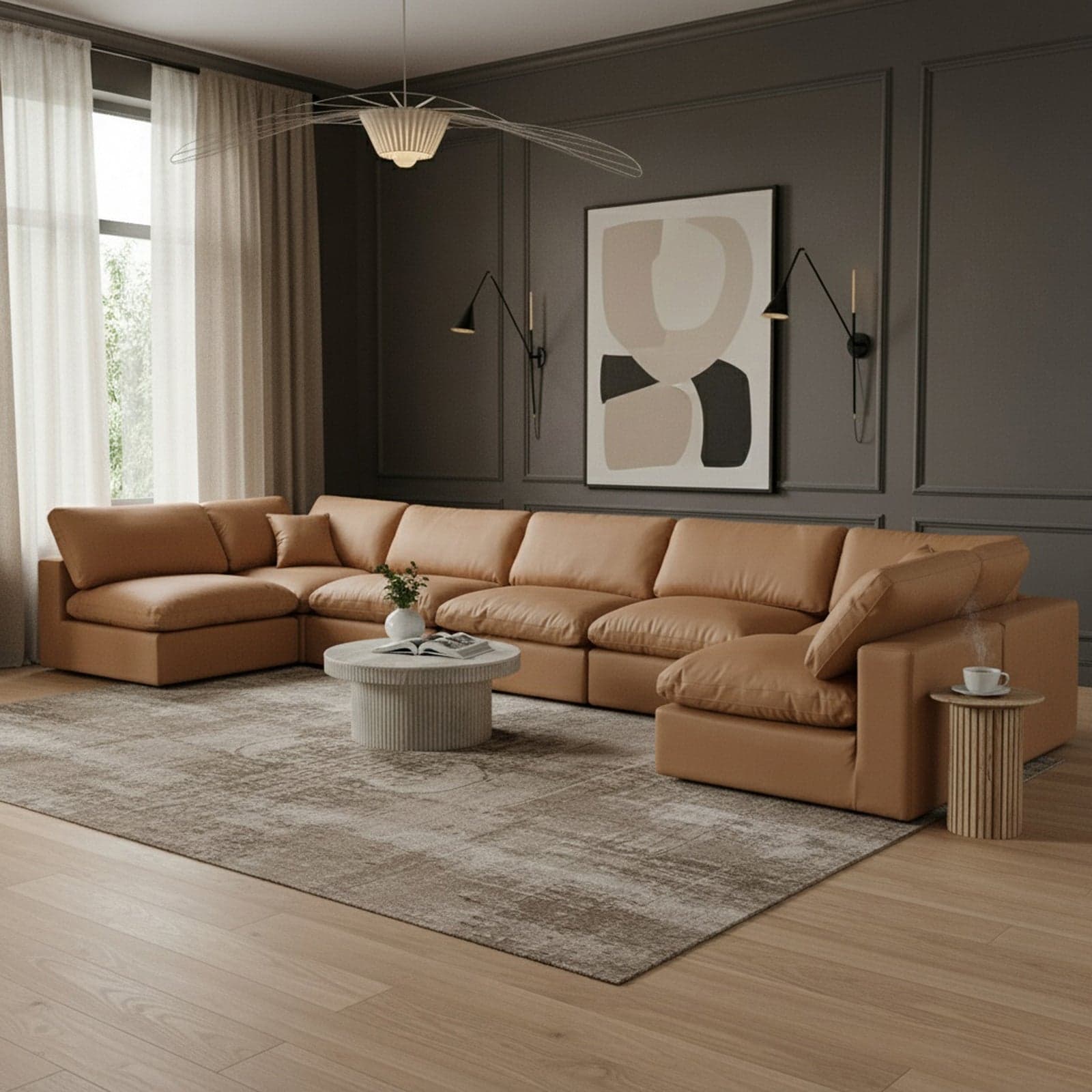 Farrah 197" Cognac Vegan Leather Upholstered Sectional, 7-Piece — Vista 1 (1/3)