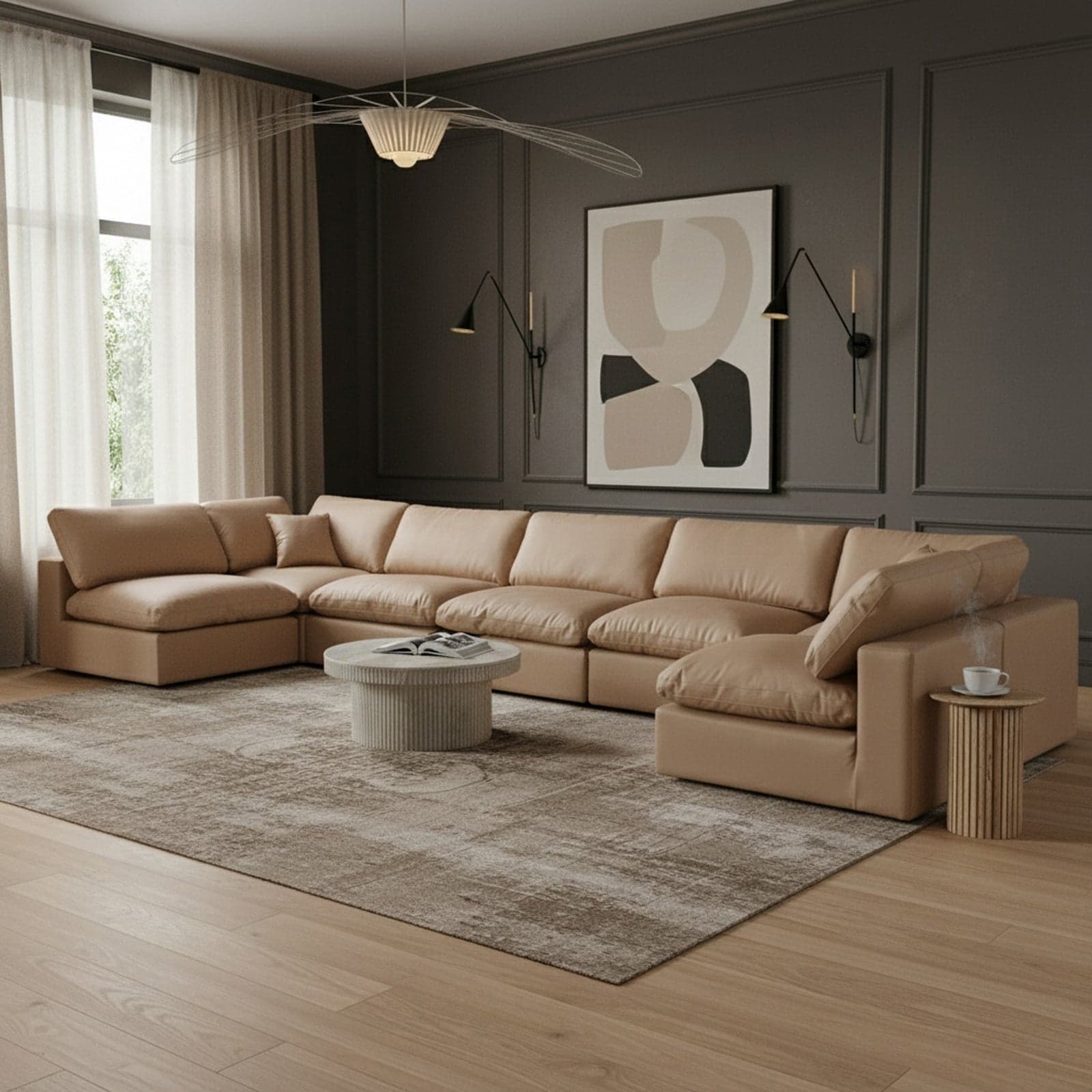 Farrah 197" Tan Vegan Leather Upholstered Sectional, 7-Piece — Vista 1 (1/3)
