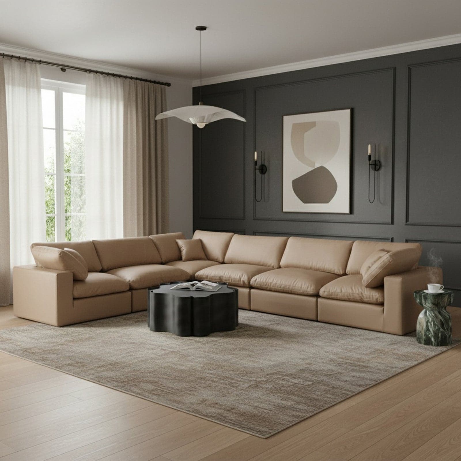 Farrah 158" Tan Vegan Leather Upholstered Sectional, 6-Piece — View 1 (1/3)