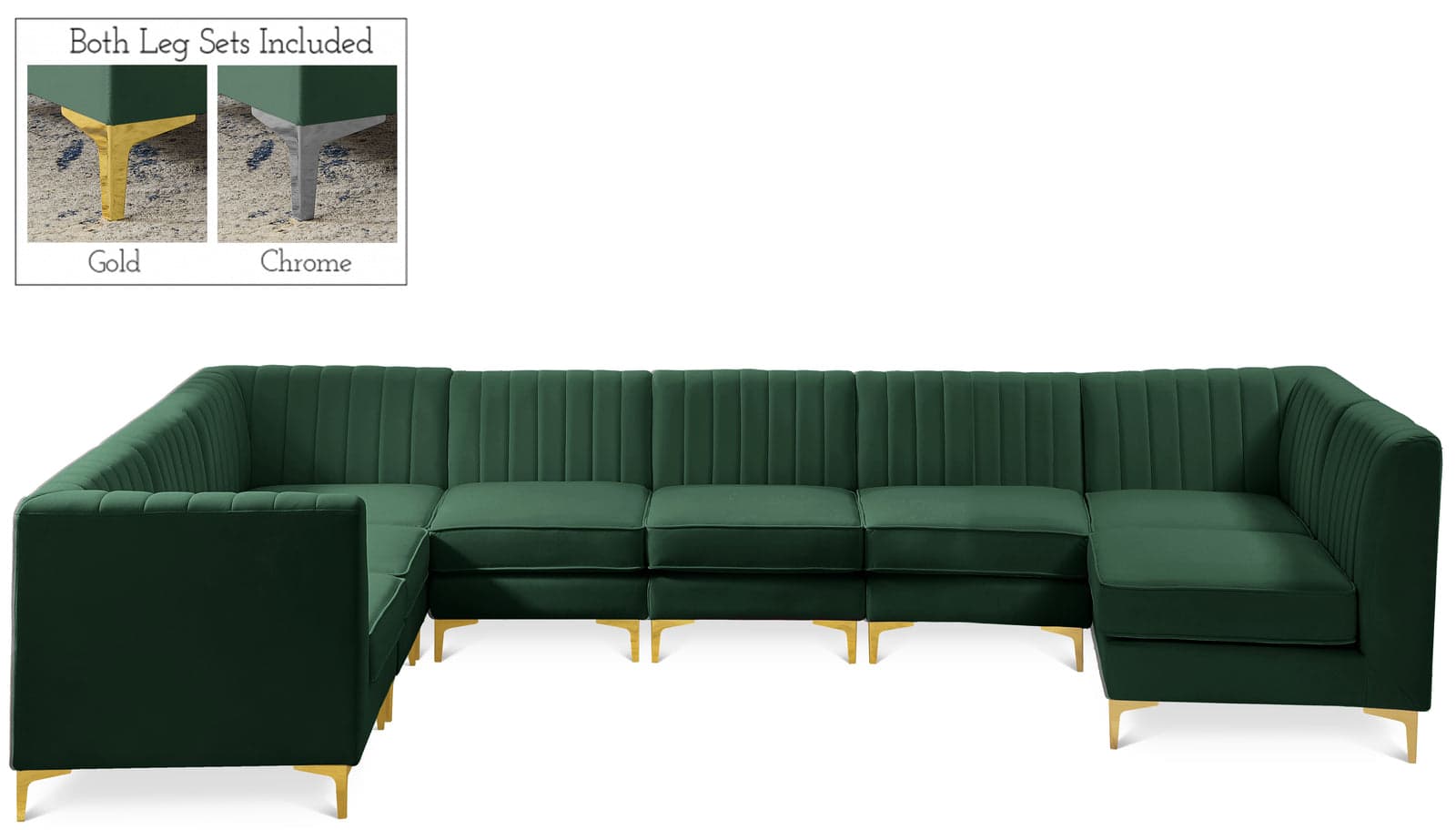 Quinn 142" Green Velvet Upholstered Sectional, 8-Piece — Vista 1 (1/3)