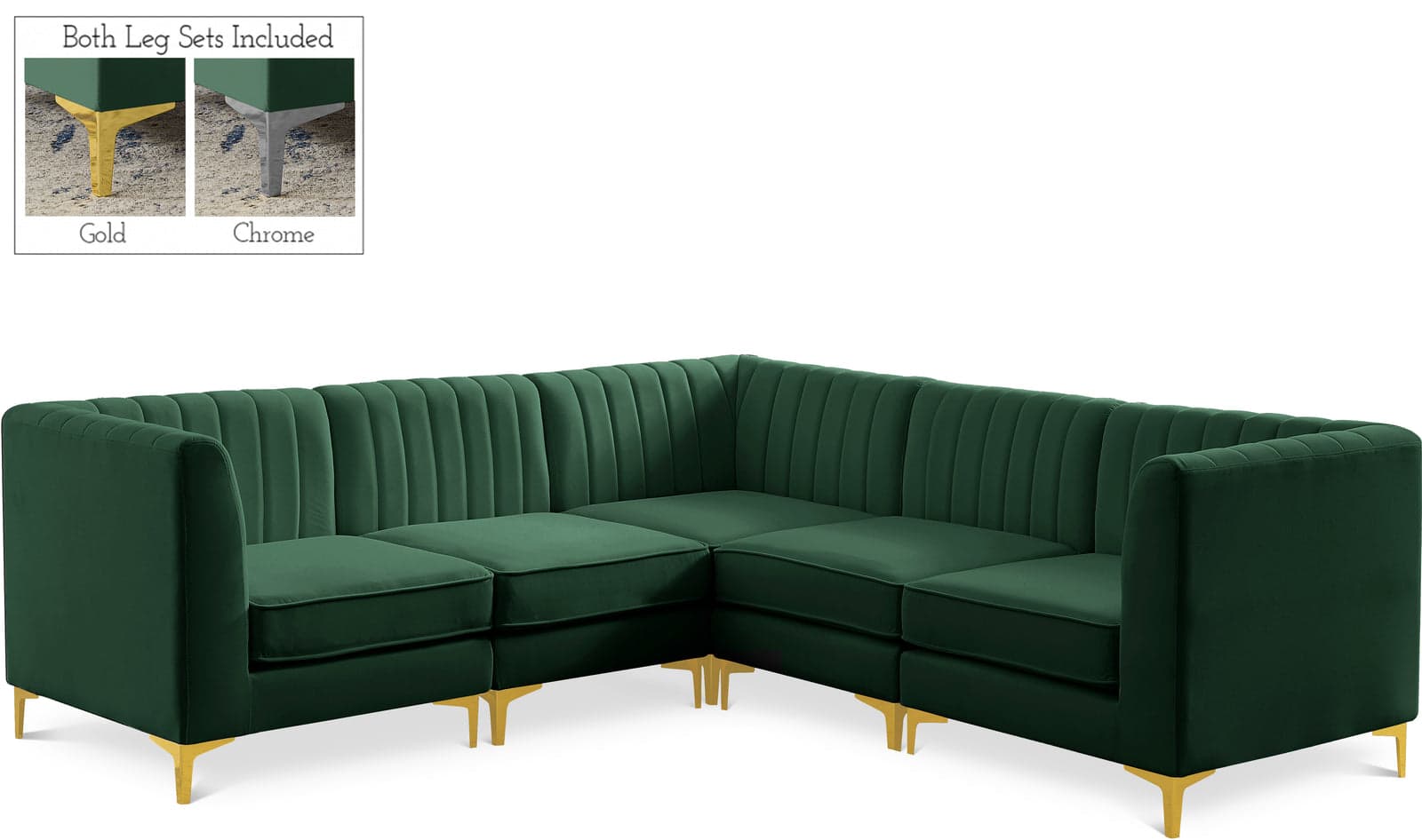 Quinn 91" Green Velvet Upholstered Sectional, 5-Piece — View 1 (1/3)