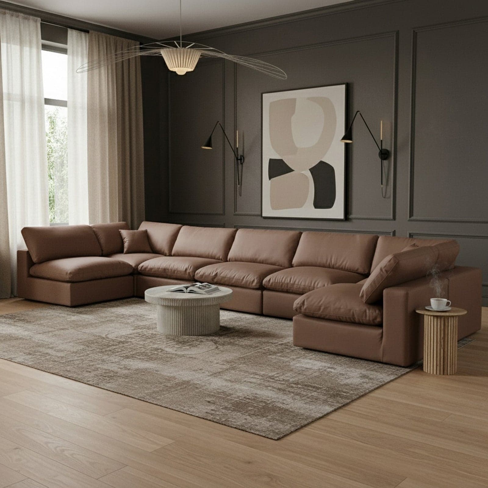 Farrah 197" Brown Vegan Leather Upholstered Sectional, 7-Piece — View 1 (1/3)