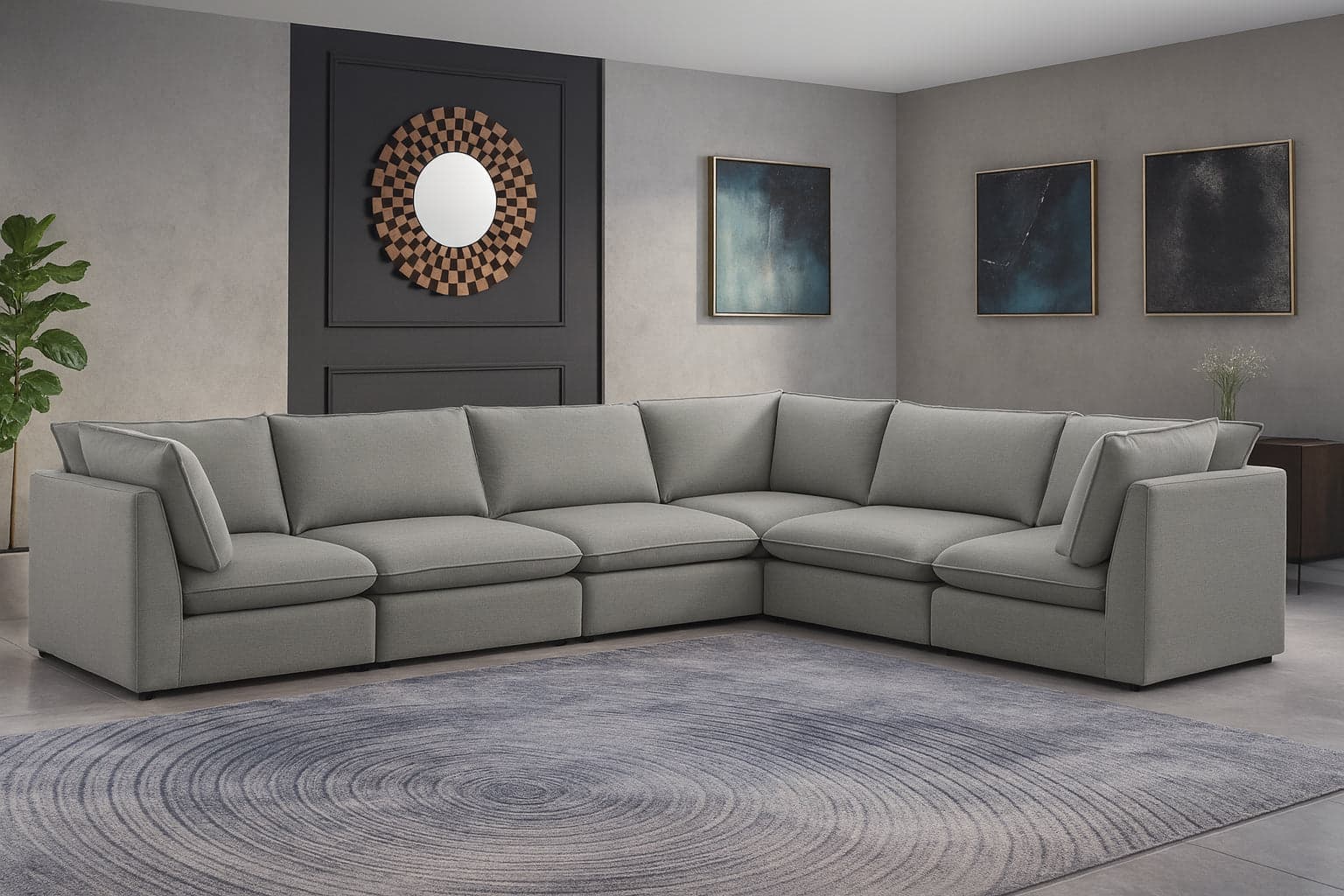 Linden 160" Grey Linen Textured Fabric Upholstered Sectional, 6-Piece — Vista 1 (1/3)