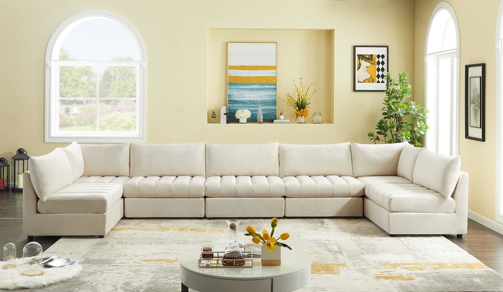 Rowan 177" Cream Velvet Upholstered Sectional, 7-Piece — Vista 1 (1/3)